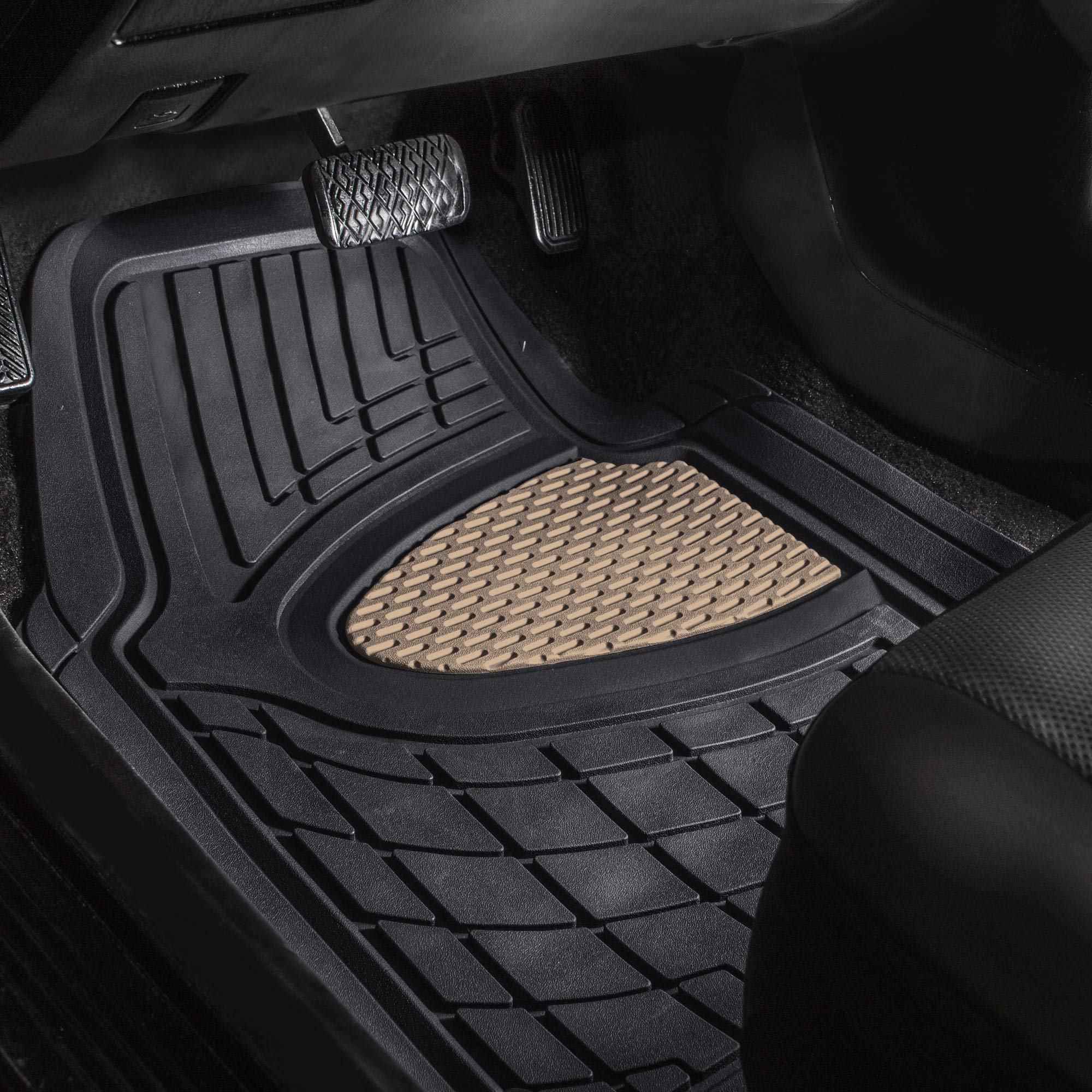 Fh Group Premium Liners Tall Channel Trimmable All Weather Rubber Full Set Car Floor Mats (Beige) W. Trimmable All-Season Cargo