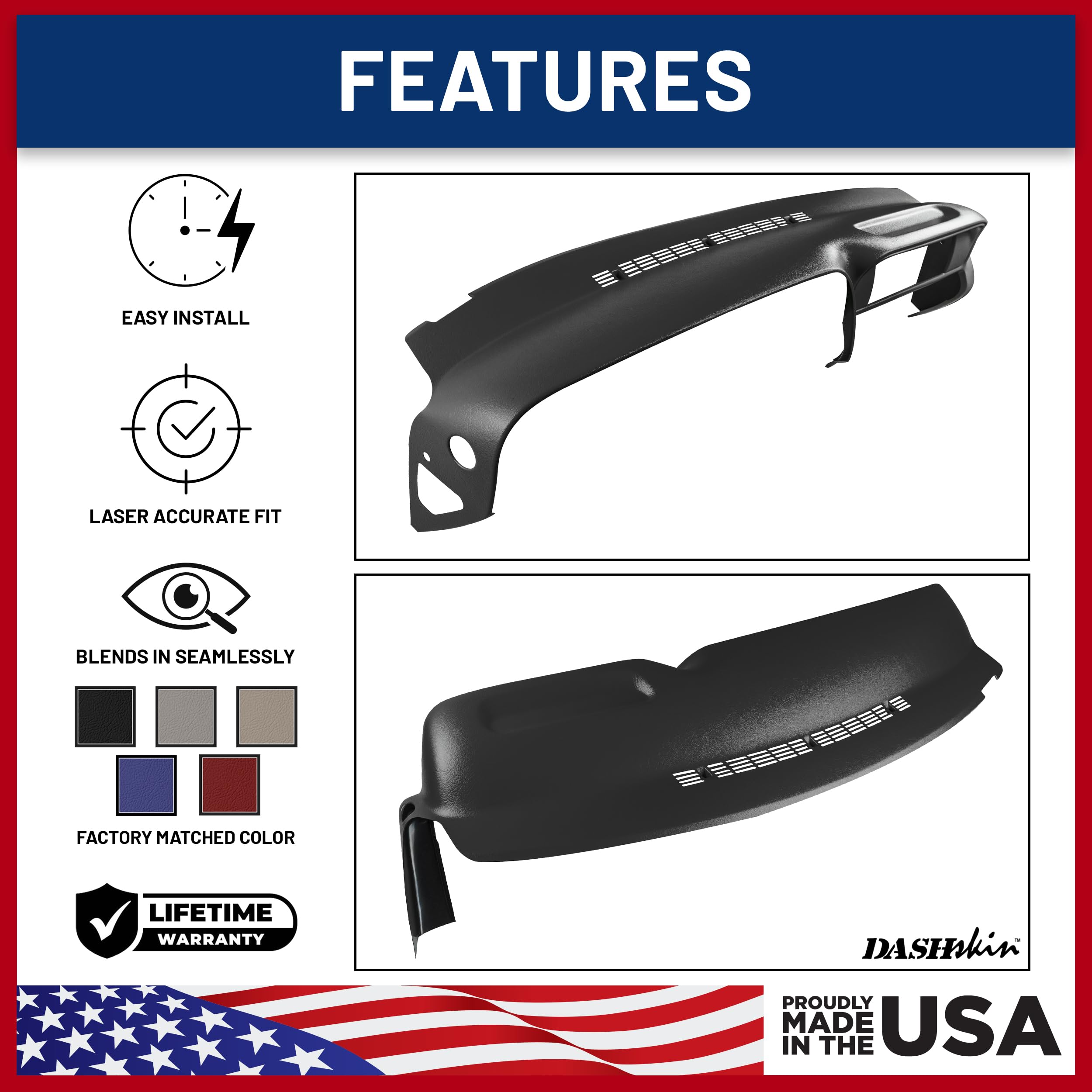 DashSkin Molded Hard Plastic Dash Cover for 1997-2000 C1500 K1500 Tahoe Suburban Yukon Escalade - Black, Model 9700GM-Black, Made in USA