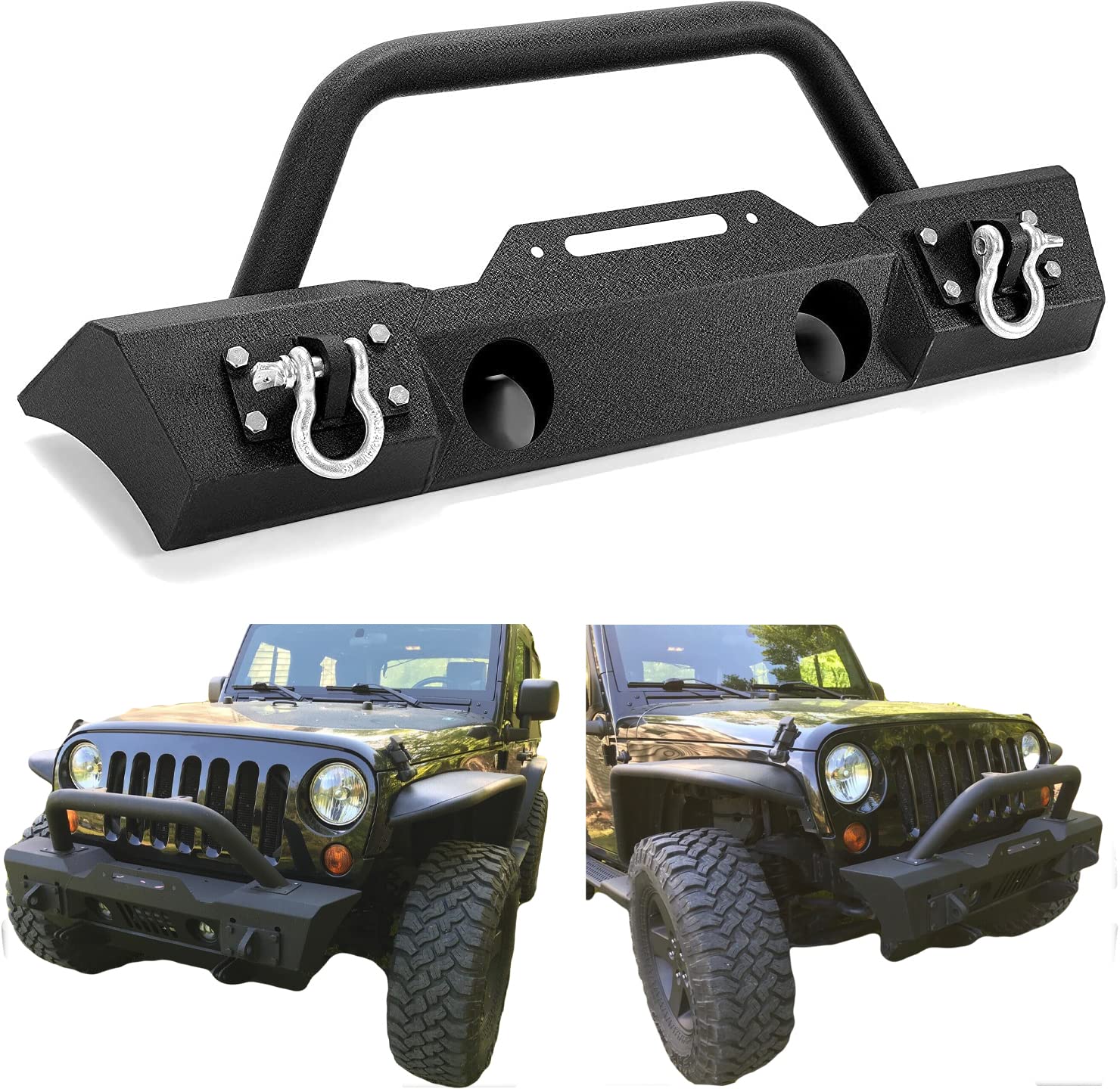 ECOTRIC Stubby Front Bumper for 2007-2024 Jeep Wrangler JK JL Gladiator JT, Alloy Steel, Black, CA-112, with Fog Light Housing & D-Rings