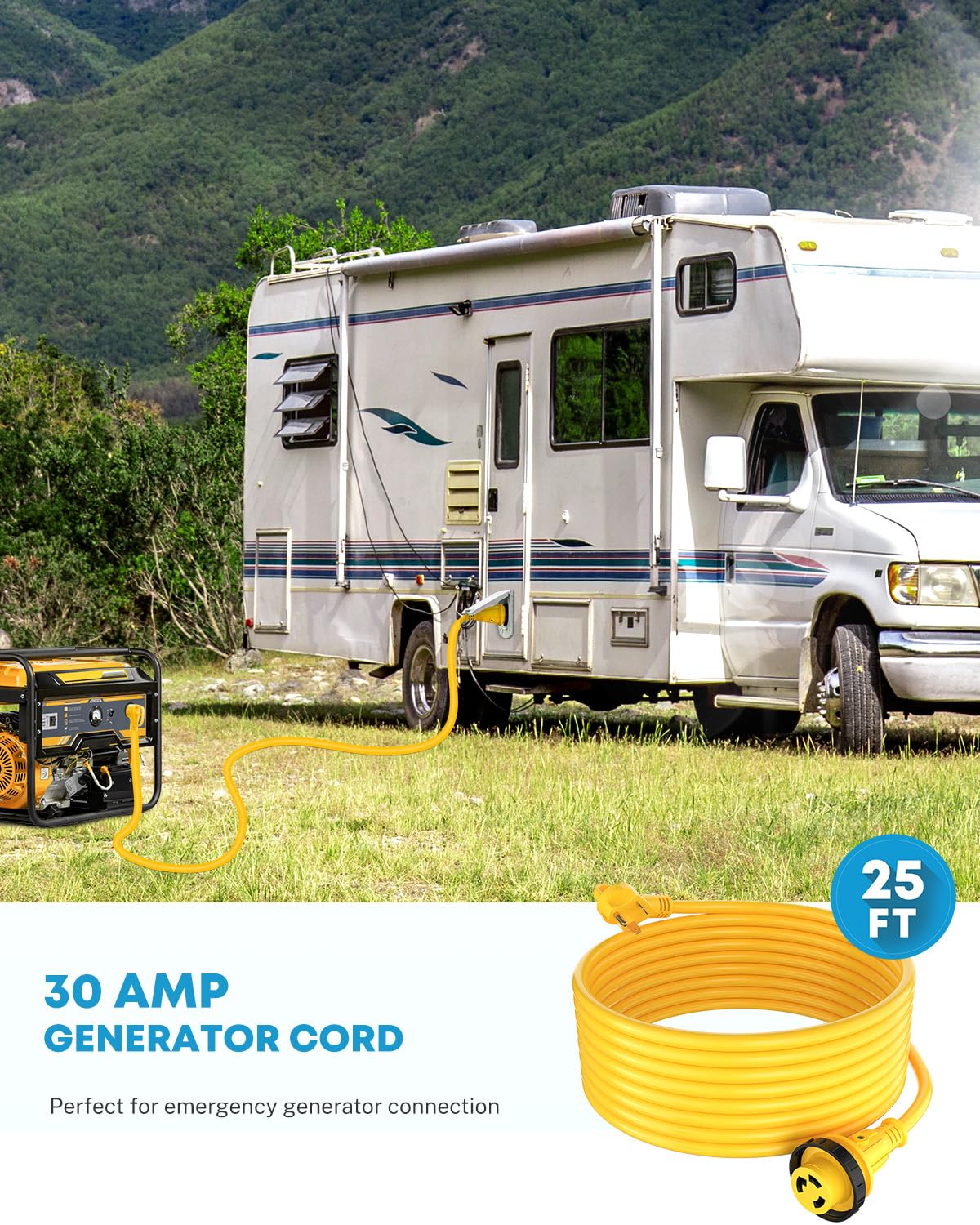 Kohree 25' Rv Power Extension Cord 30 Amp Twist Lock Rv Adapter Plug 30M/30F With Rv Power Adapter 15 Amp To 30 Amp, Led Indicat
