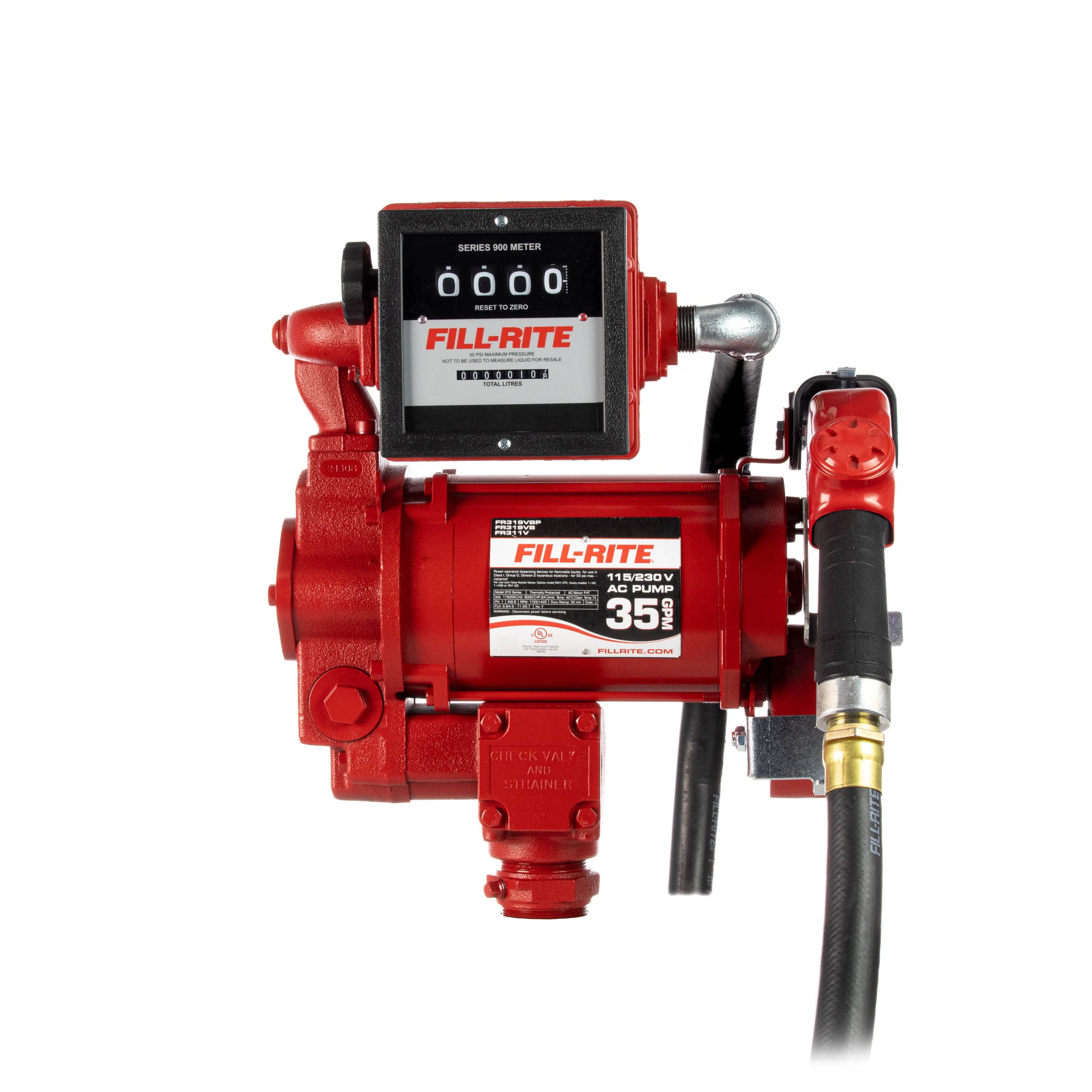 Fill-Rite FR311VLB 115V/230V 35 GPM Fuel Transfer Pump with Discharge Hose, Automatic Nozzle & Mechanical Liter Meter - Gasoline