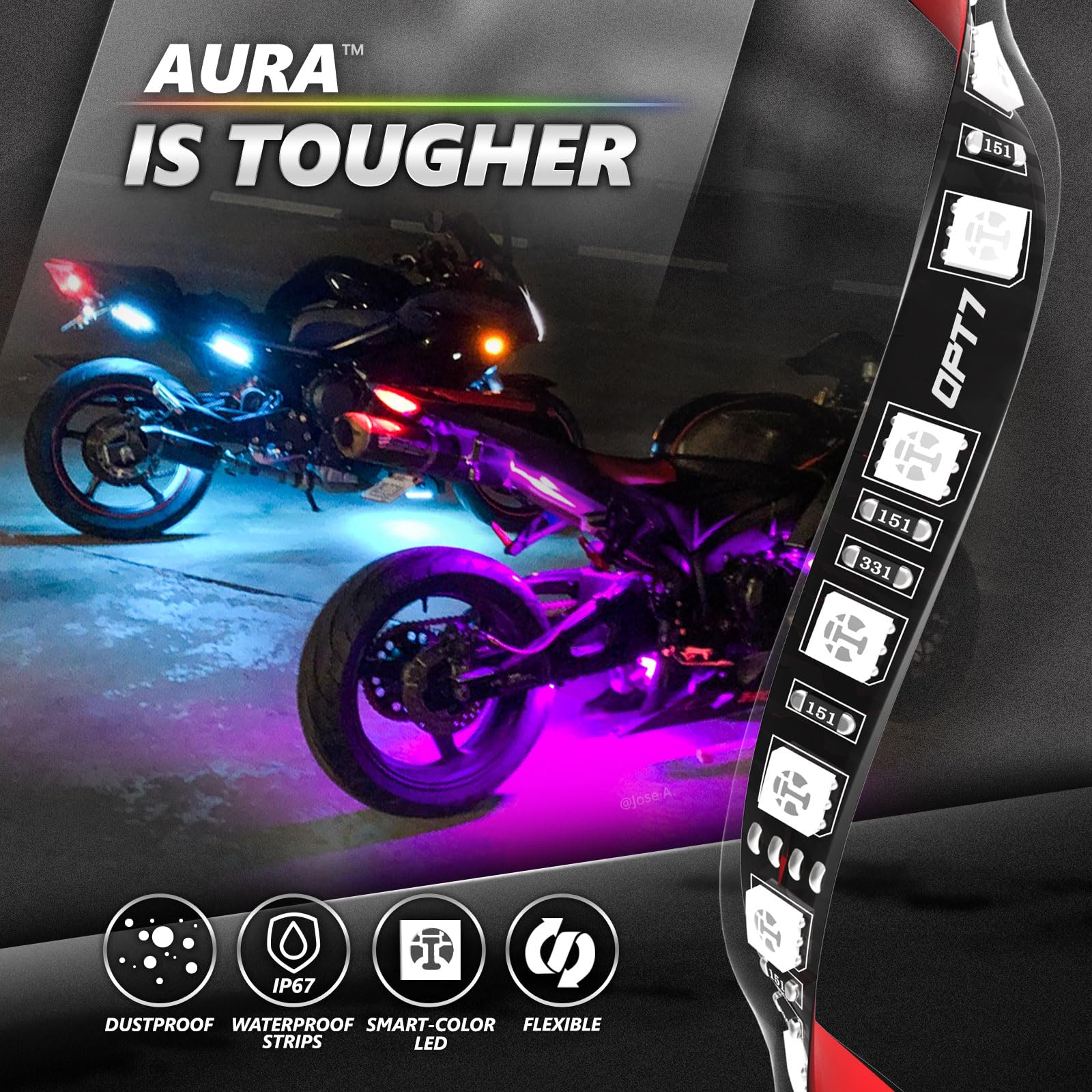 Opt7 Aura Pro Motorcycle Led Light Kit Smart Brake, Rgb Multi-Color Bike Underglow Neon Light Bluetooth App, Motorcycle Under Gl