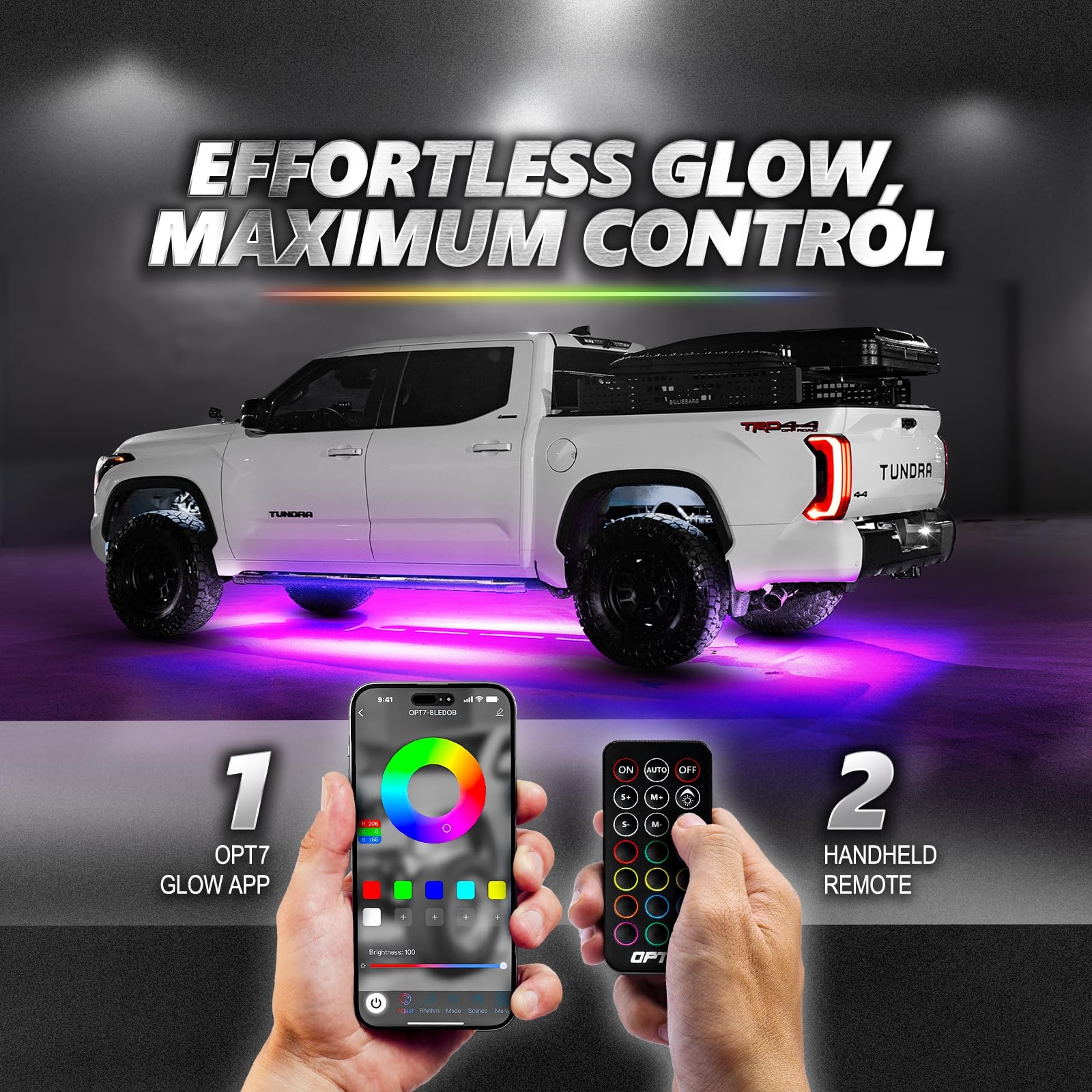 OPT7 Aura Pro Underglow LED Lights Kit for Truck - RGB, Waterproof Aluminum, 8PC, App & Remote Control