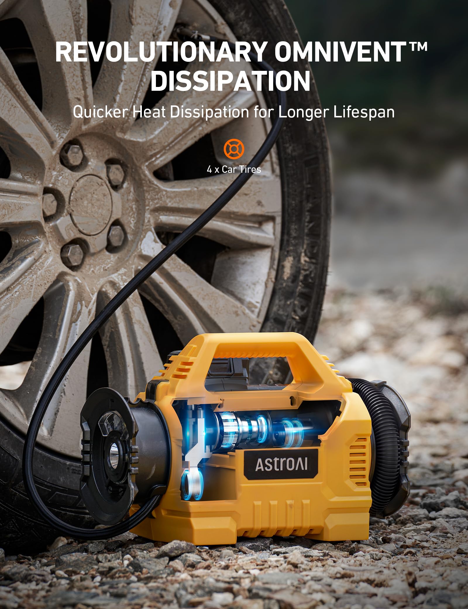 AstroAI Cordless Tire Inflator - 160PSI Air Compressor, Portable, Yellow, Heavy Duty for Cars and Air Mattresses