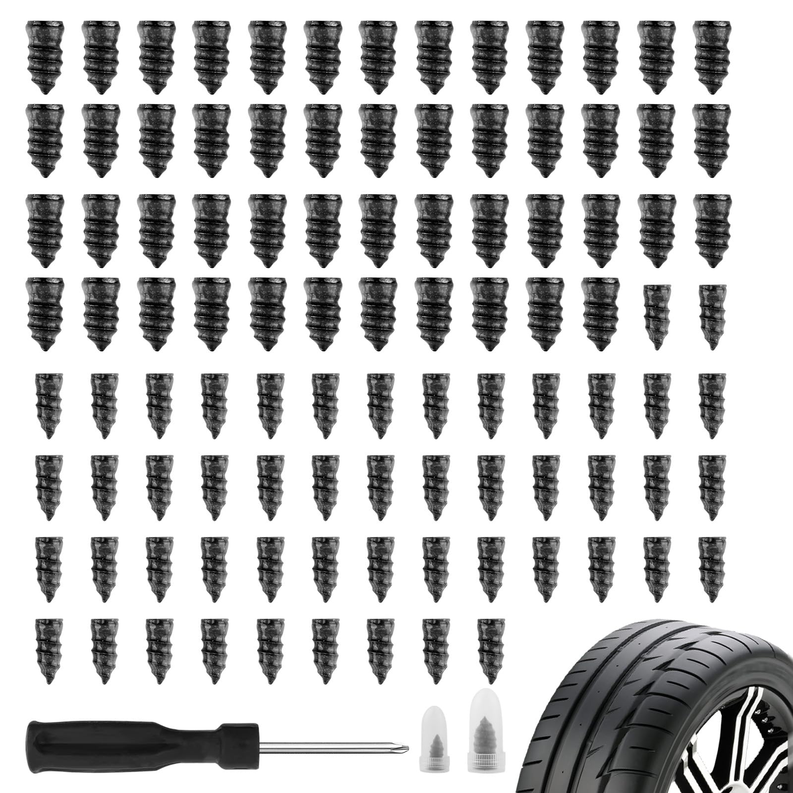 VKQTS 100PCS Car Tire Plug Kit,Practical Tire Screw Plug Repair Kit with Screwdriver/Tires Repair Rubber Nail for Quick Repairs,