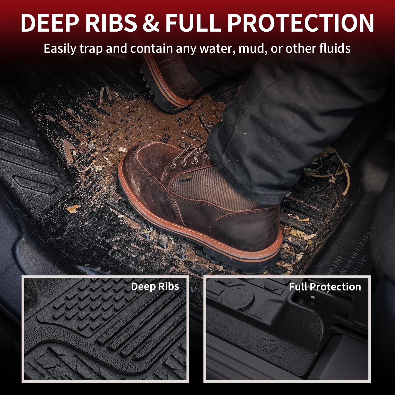 Lasfit Floor Mats 2025 For Ram 1500 Crew Cab Without Rear Under-Seat Factory Storage Bucket Seat (Not For Quad Cab), All Weather