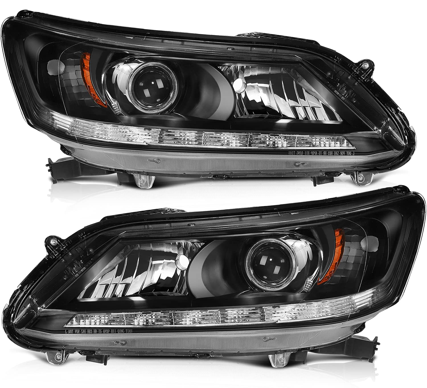LSAILON Headlight Assembly Replacement Fit 2013-2015 For Honda Accord Sedan 4Dr Black Housing Amber Reflector Driver and Passeng