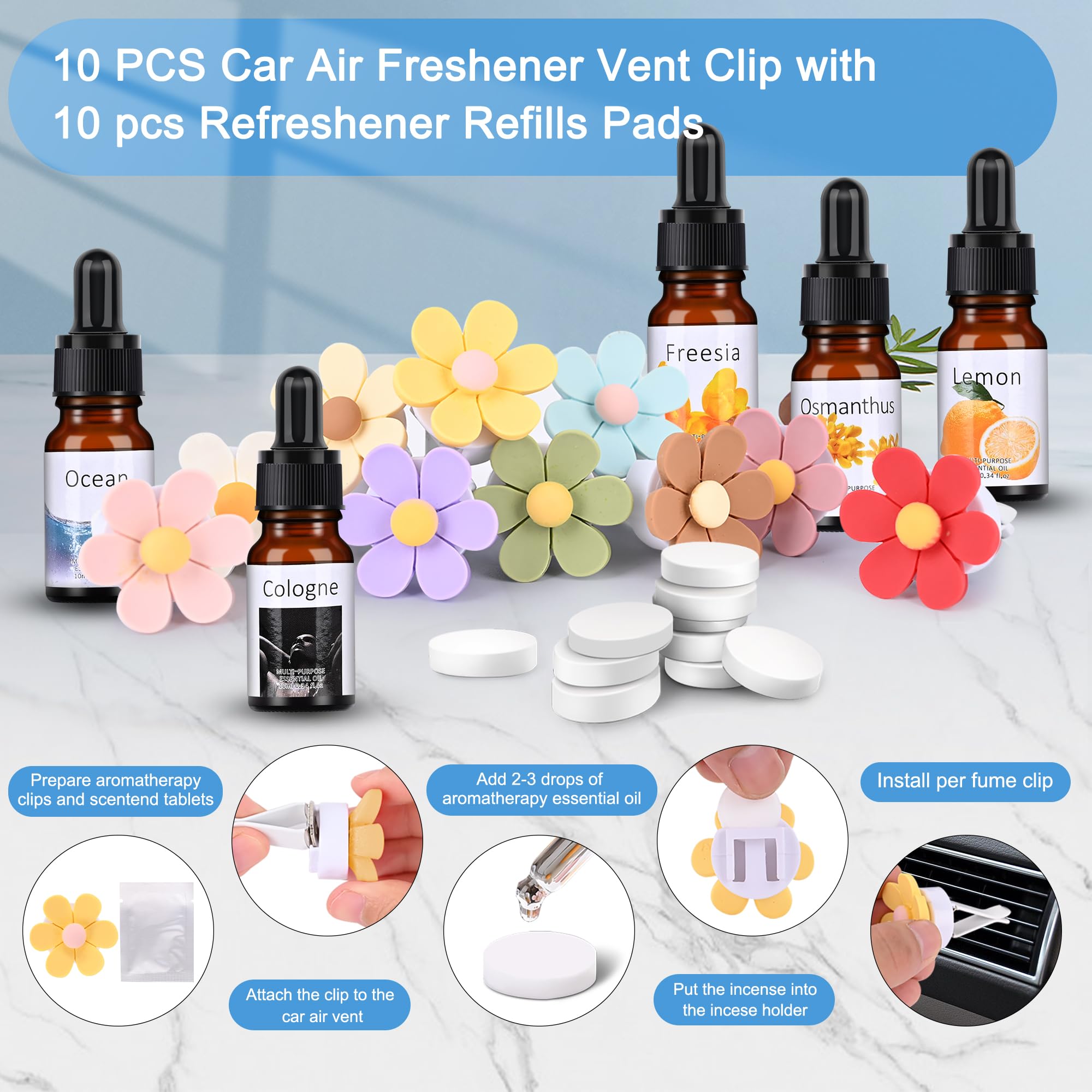 25 Pack Car Air Fresheners,10 PCS Flower Car Air Vent Clip with 5 Essential Oil Scents &10 Refill Pad,Cute Car Interior Accessor
