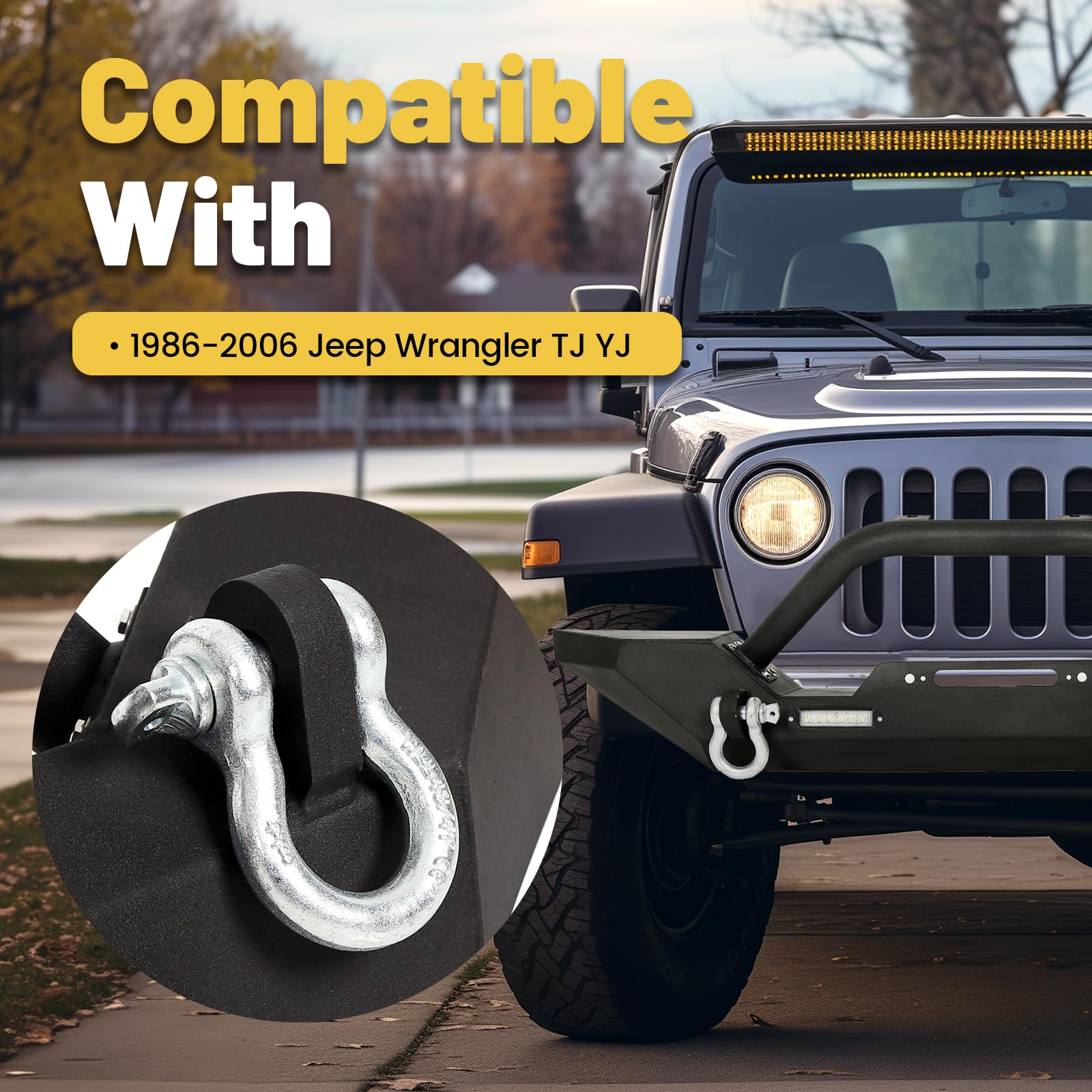 ECOTRIC Front Bumper for 1987-2006 Jeep Wrangler TJ/YJ, Black Alloy Steel, Heavy Duty, with Winch Plate & LED Lights, Model CA-110