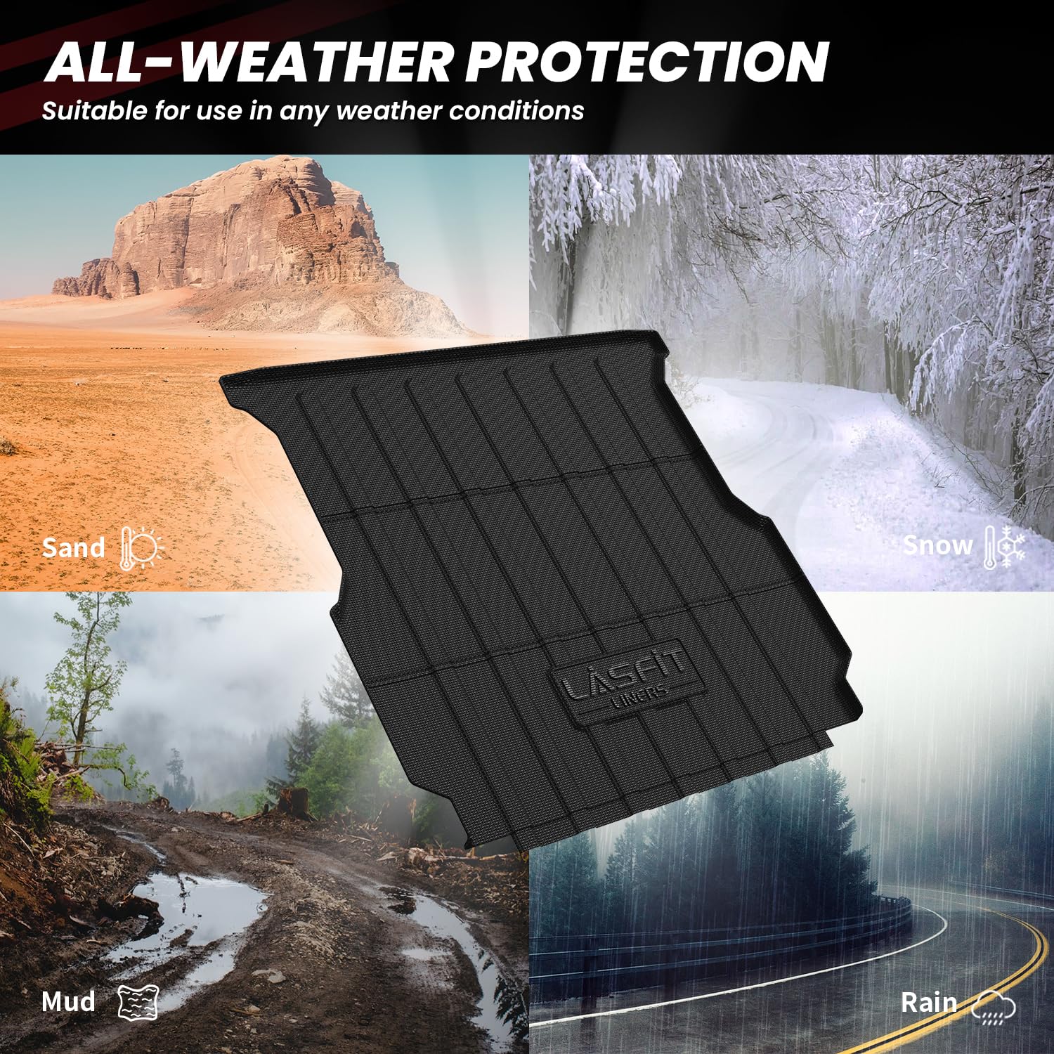 Lasfit Bed Mat For Rivian R1T 2025 2024 2023 2022 Car Bed Floor Liner(No Fit Drop-In Bed Liner), All Weather Tpe Truck Bed Mat -