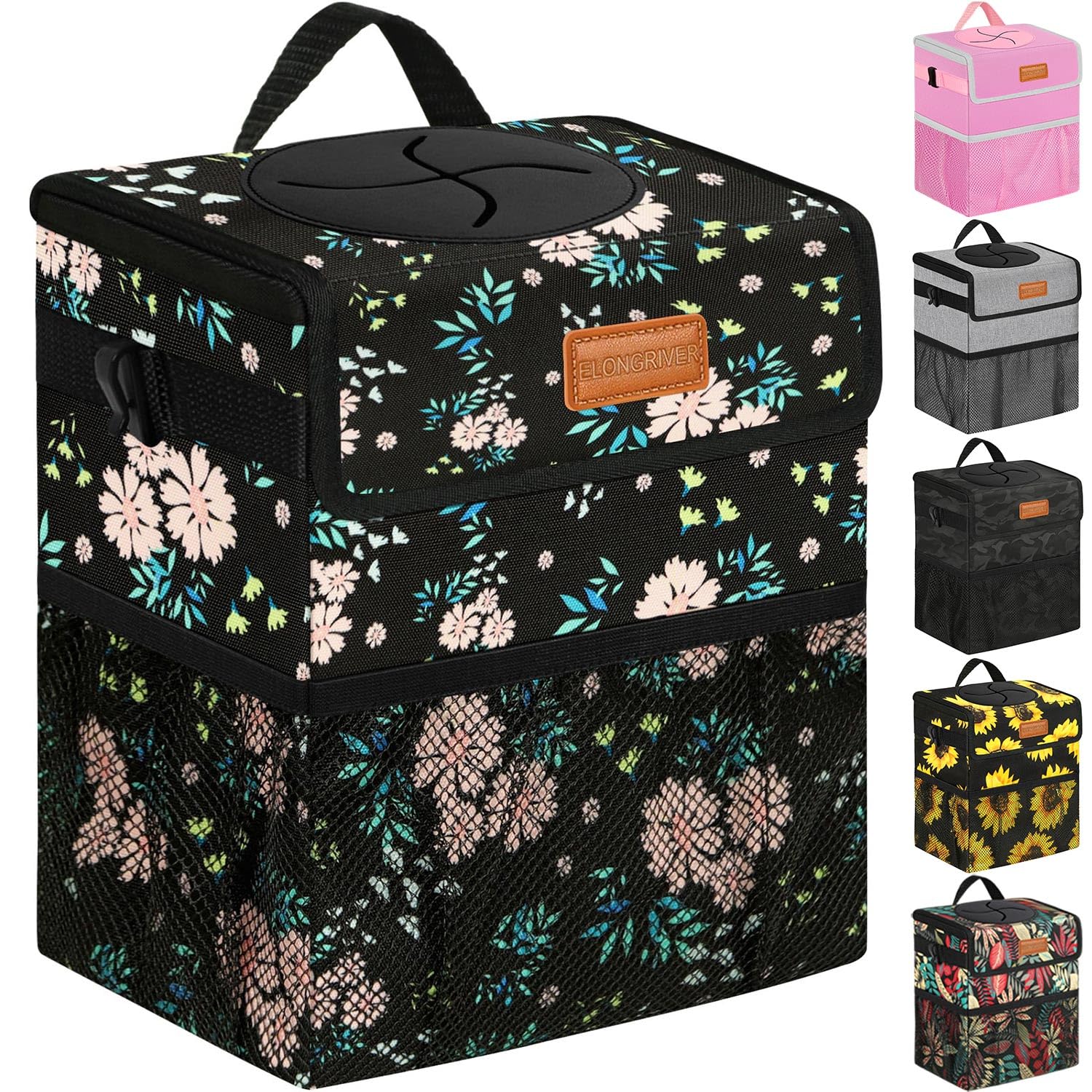 ELONGRIVER Car Trash Can Bin - 2 Gallon Leak Proof Polyester Vehicle Trash Bag, Colorful Floral, for SUV, Truck, Van, Model 220908-10