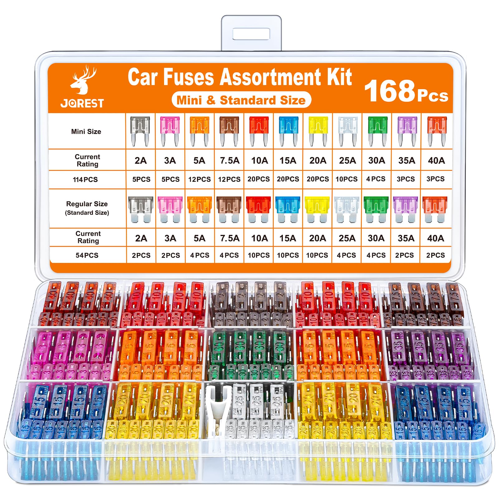 Car Fuses 168 Pcs, Jorest Assortment Kit, 114 Mini Blade Fuses Automotive + 54 Standard Auto Fuses + 1 Fuse Pullers - For Car/Rv