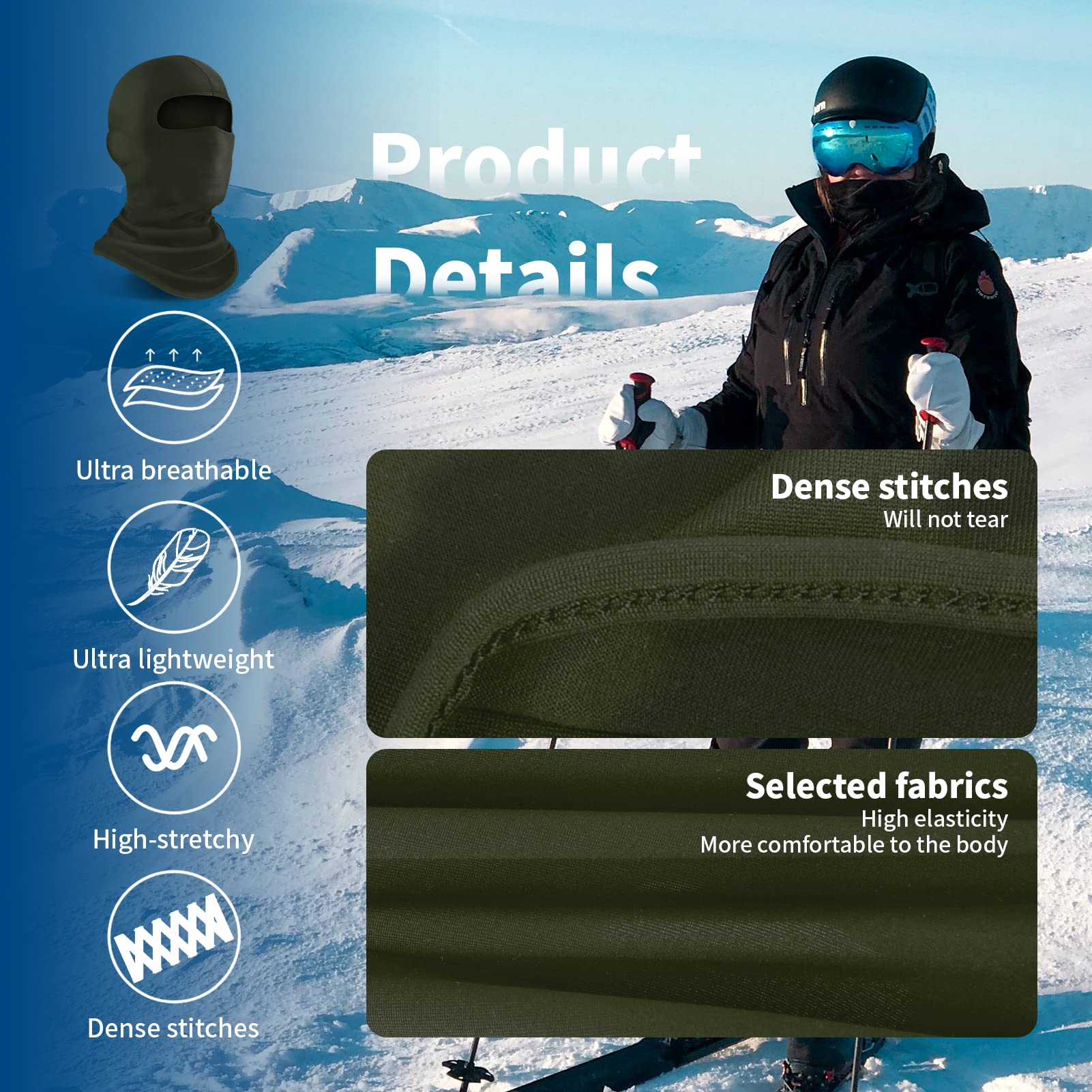 Yeslife Army Green Ski Mask, Balaclava Face Mask For Men And Women - Skiing, Snowboarding, Motorcycle, Uv Protection & Wind Prot