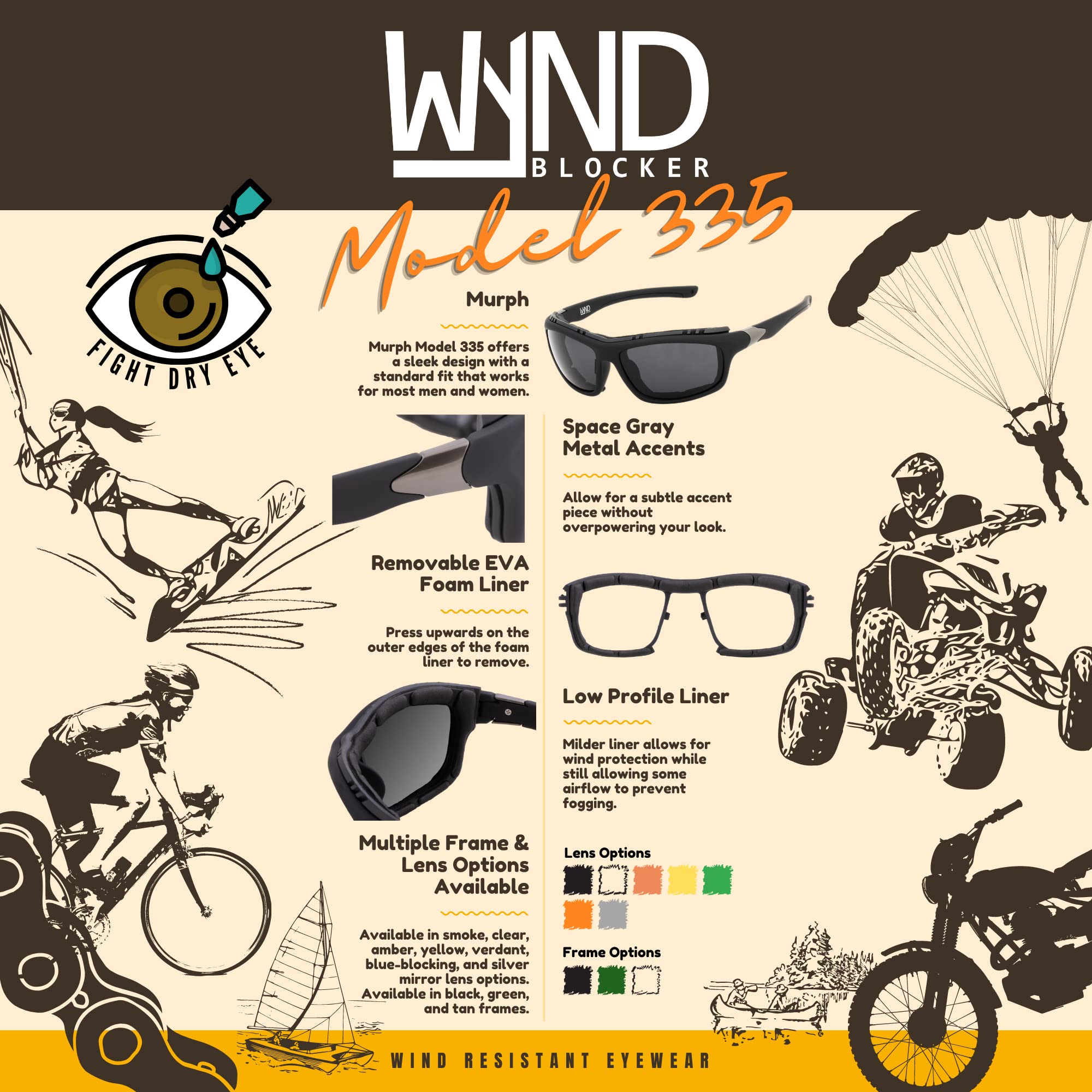 Wynd Blocker Airdam Sunglasses Motorcycle Riding, Driving, Fishing, Boating Wrap (Black Matte, Amber)