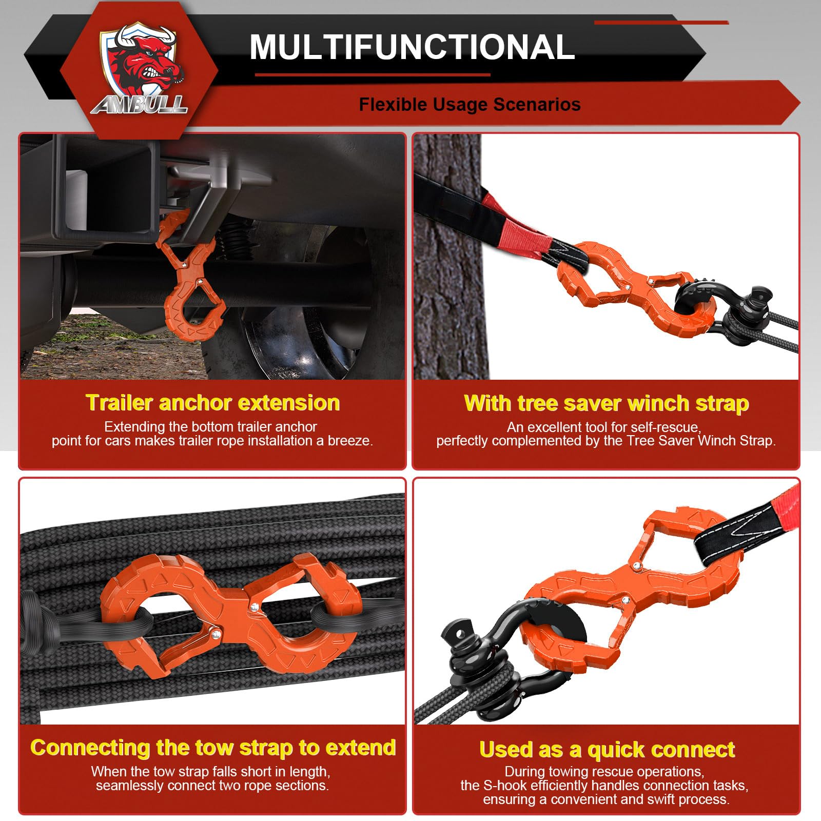 AMBULL 3/8 Tow Hook - G80 Heavy Duty Winch Hook, 33000 Lbs Capacity, Orange, Model S-HOOK, Ideal for Off-Road Recovery and Towing