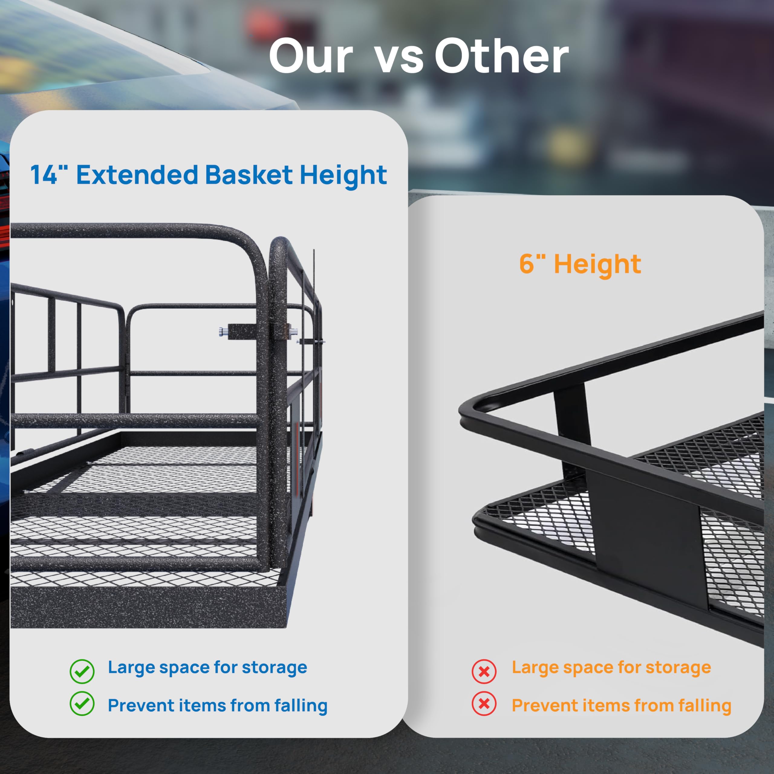TUFFIOM Folding Hitch Mount Cargo Carrier - 60"x24"x14", 500lbs Capacity, Dark Grey Steel Luggage Rack with Straps & Stabilizer, Model: Hitchcarrier-64