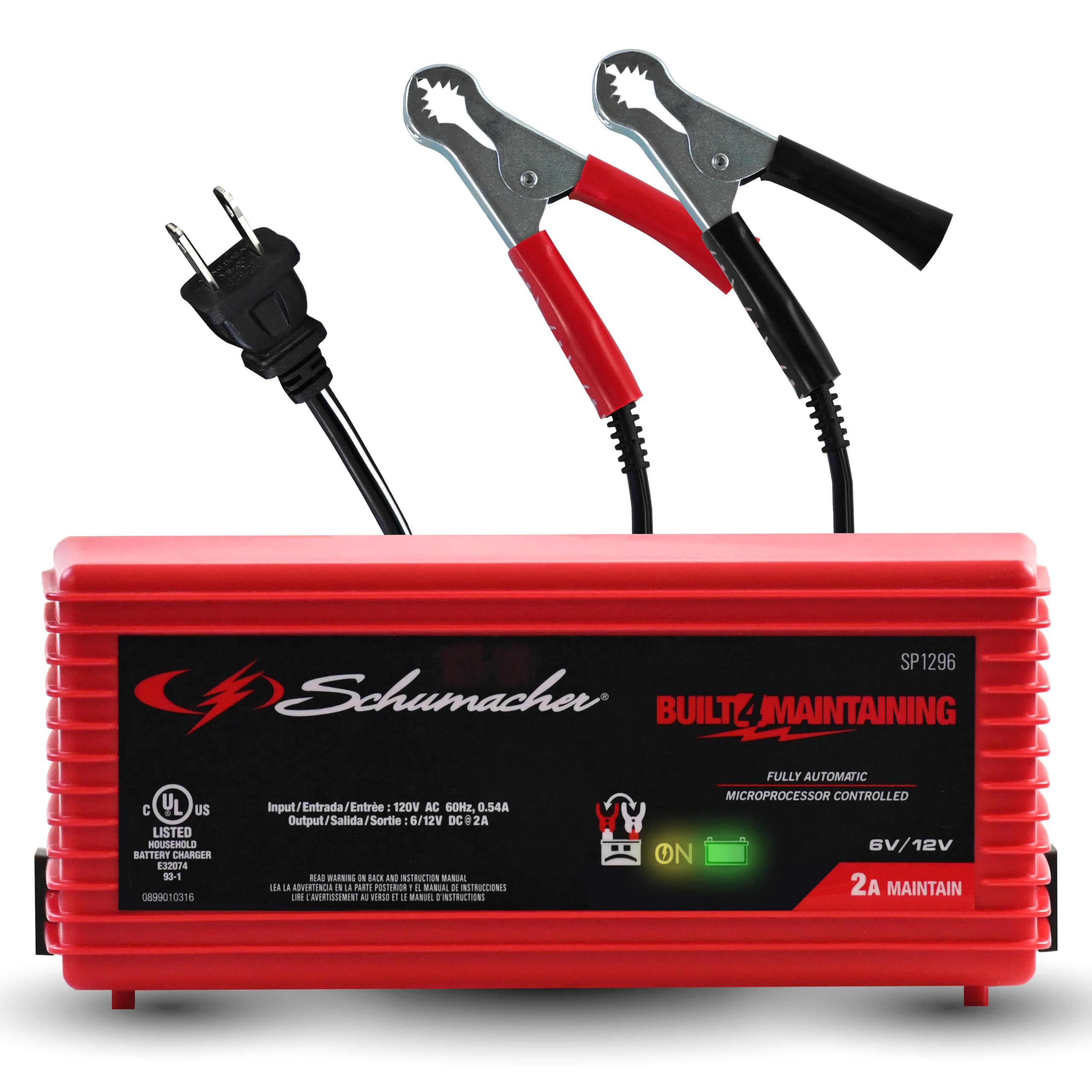 Schumacher Electric 2A Car Battery Charger and Maintainer, 3-in-1 Solution, for 6V/12V Power Sport, Automotive, and Marine Batte