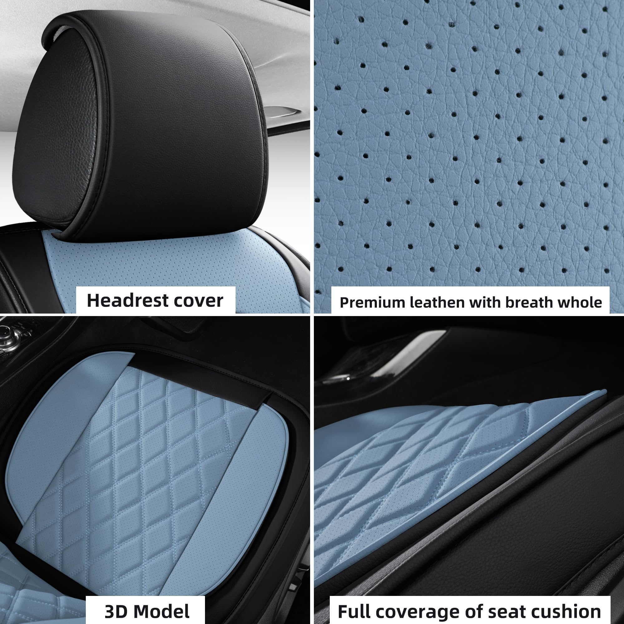 LINGVIDO Car Seat Covers Set - Premium Nappa Leather, Front Only (2 Seats), Black & Light Blue, Model Lingzhu07, Durable & Comfortable