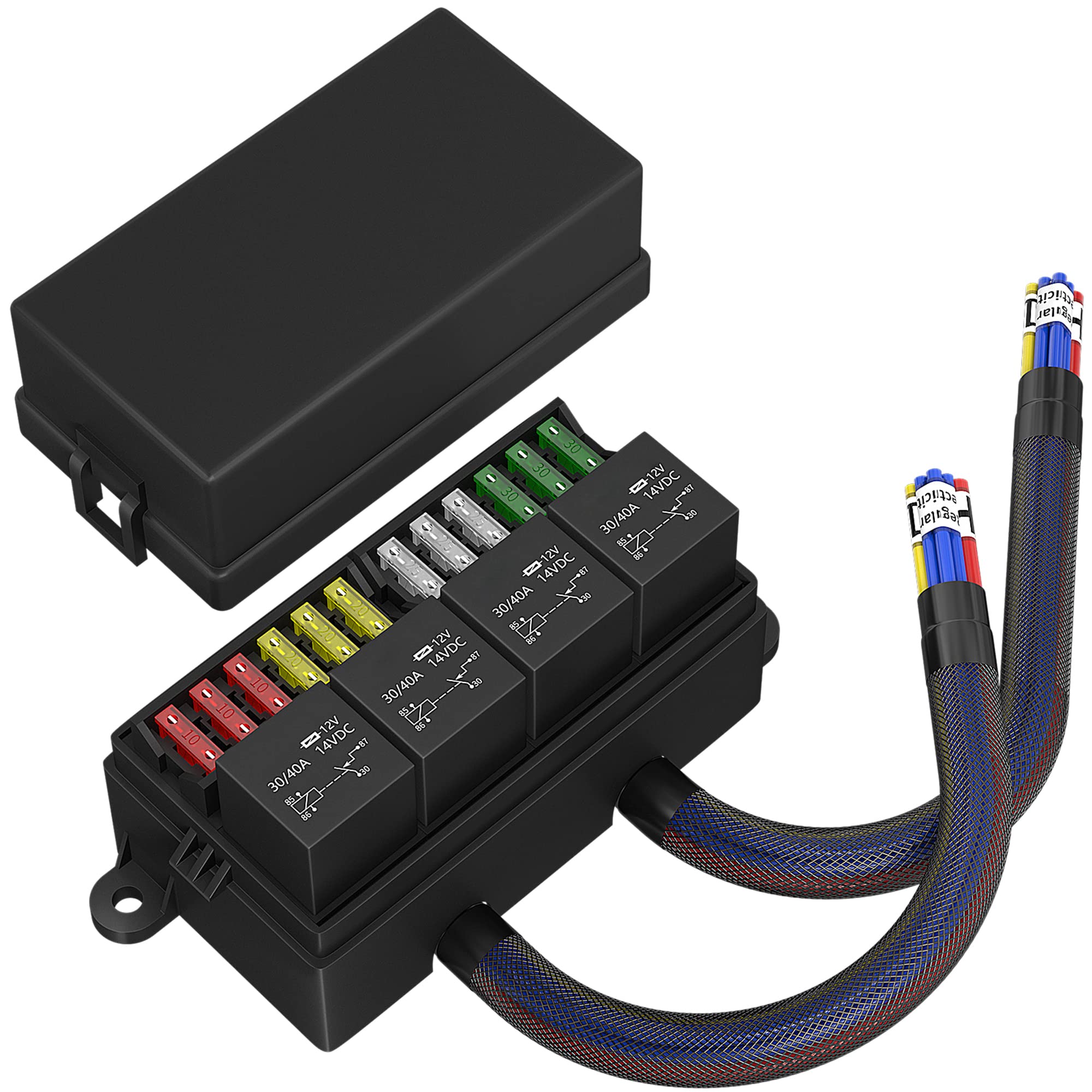 RVBOATPAT 12 Volt Fuse Relay Box Pre-Wired Fuse and Relay Box with 4 Relays and 12 Way ATC/ATO Fuses Sealed 12V Relay Fuse Box B