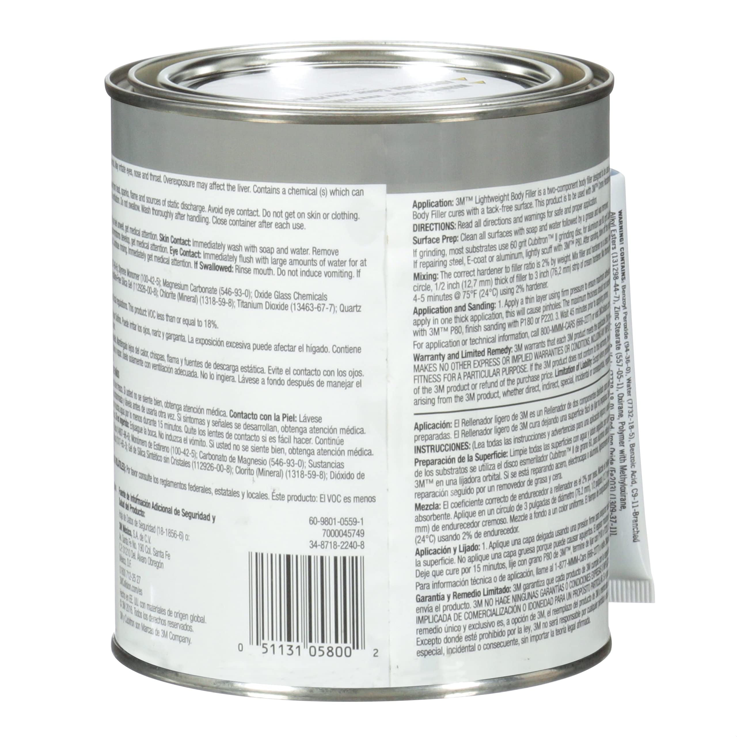 3M Lightweight Body Filler, 1 qt, White, Model 05800, Repairs Dents & Dings for Automotive