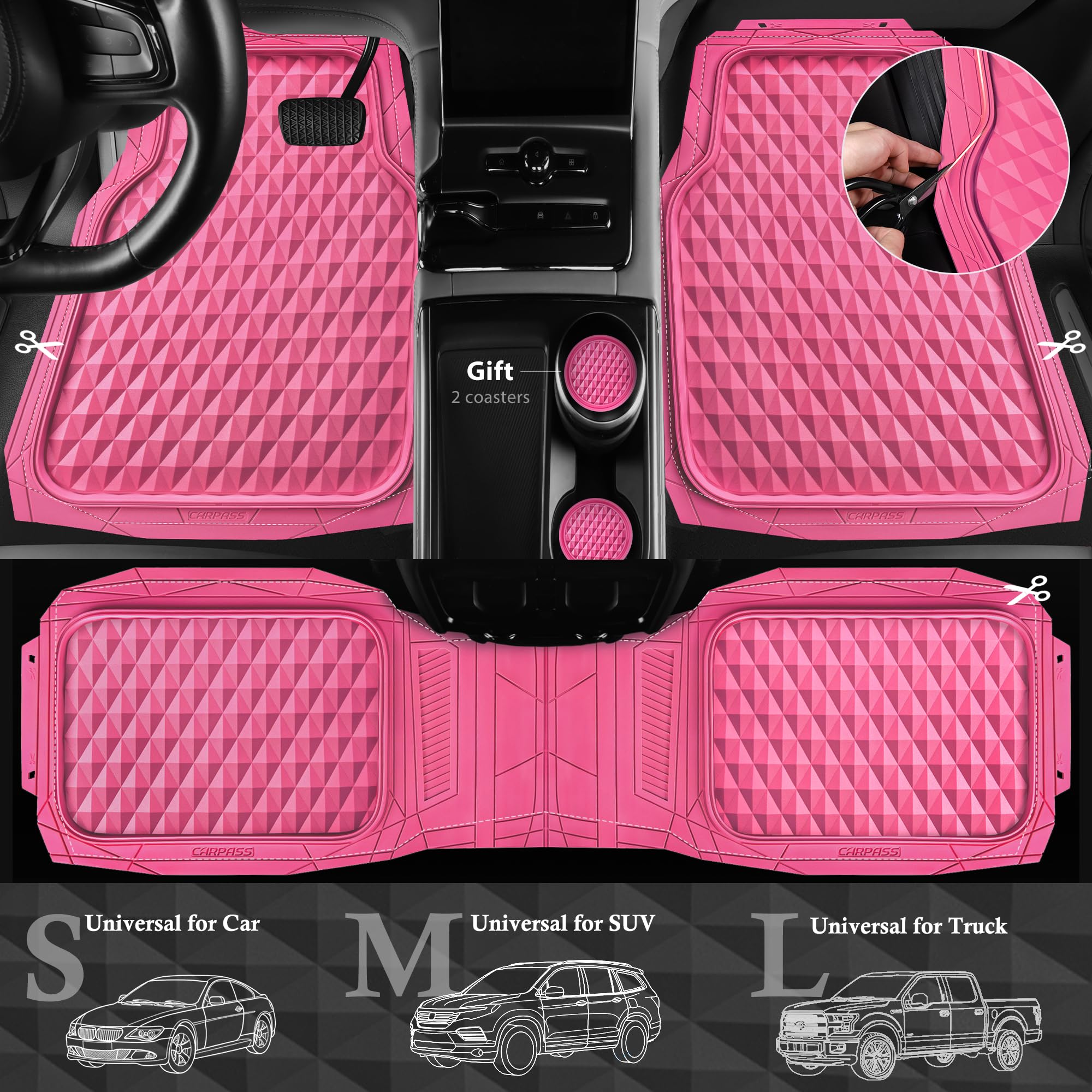 CAR PASS Heavy Duty Rubber Pink Car Floor Mats, Deep Dish All-Weather Full Set Durable Anti-Slip 3D Rhombus Waterproof Trim to F