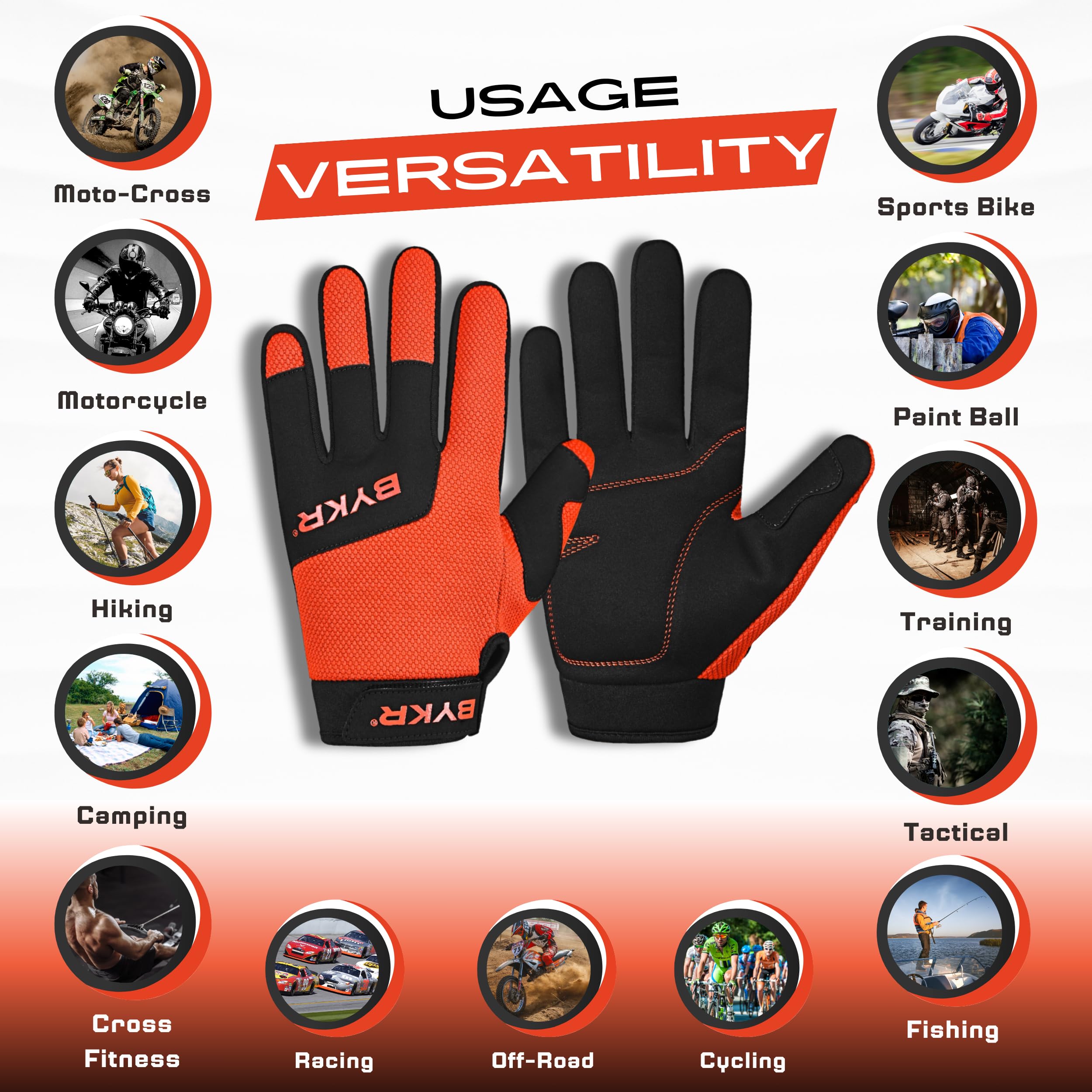 Bykr All-Weather Motorcycle Gloves For Men & Women - Protection For Dirt Bike, Bmx, Mx, And Atv Riding - Orange L