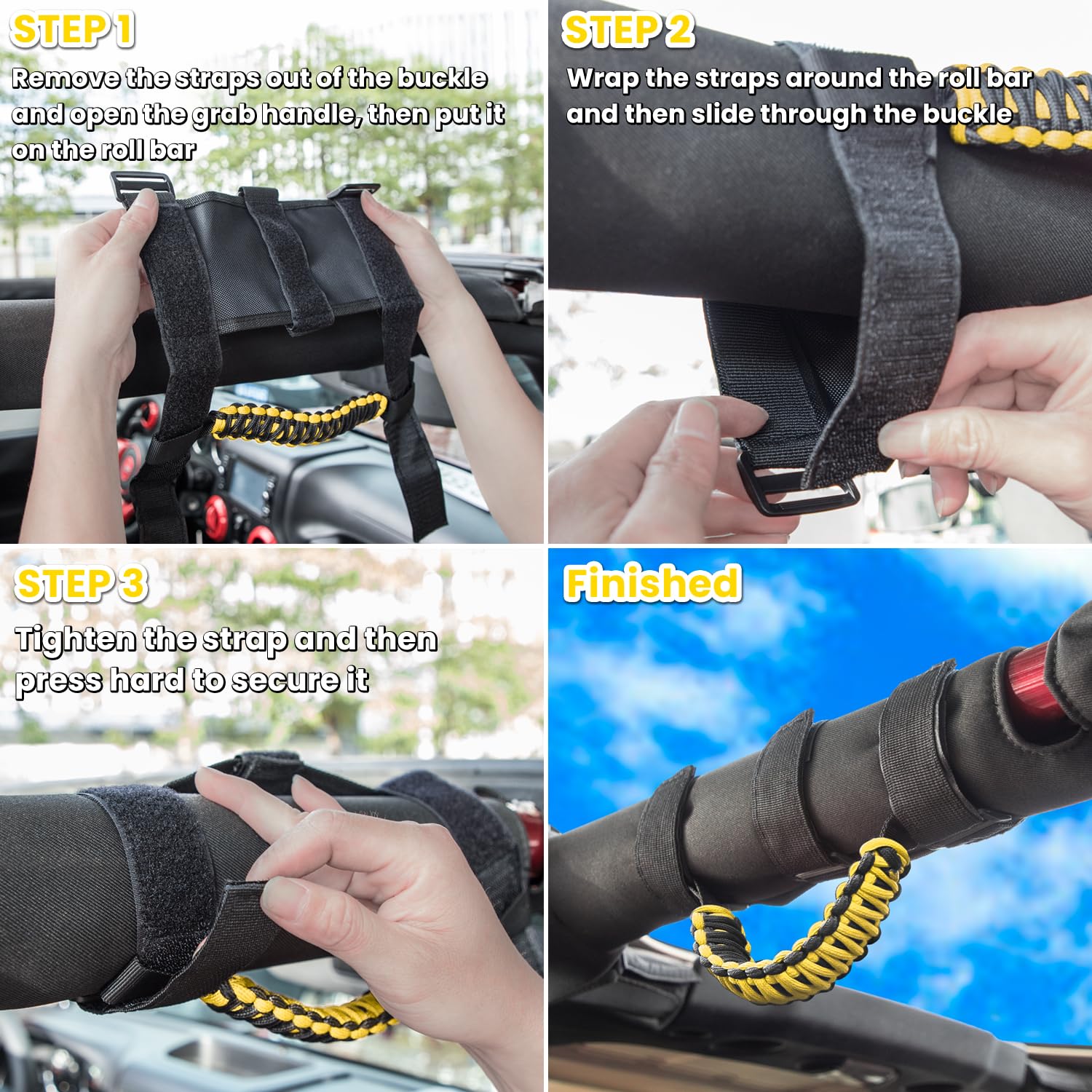 E-Cowlboy Roll Bar Grab Handles Grip Handle For Jeep Wrangler Yj Tj Jk Jku Jl Jlu Sports Sahara Freedom Rubicon Unlimited X Gladiator Jt 1955-2023 Utv Atv Premium Paracord (Yellow 2 Pack)