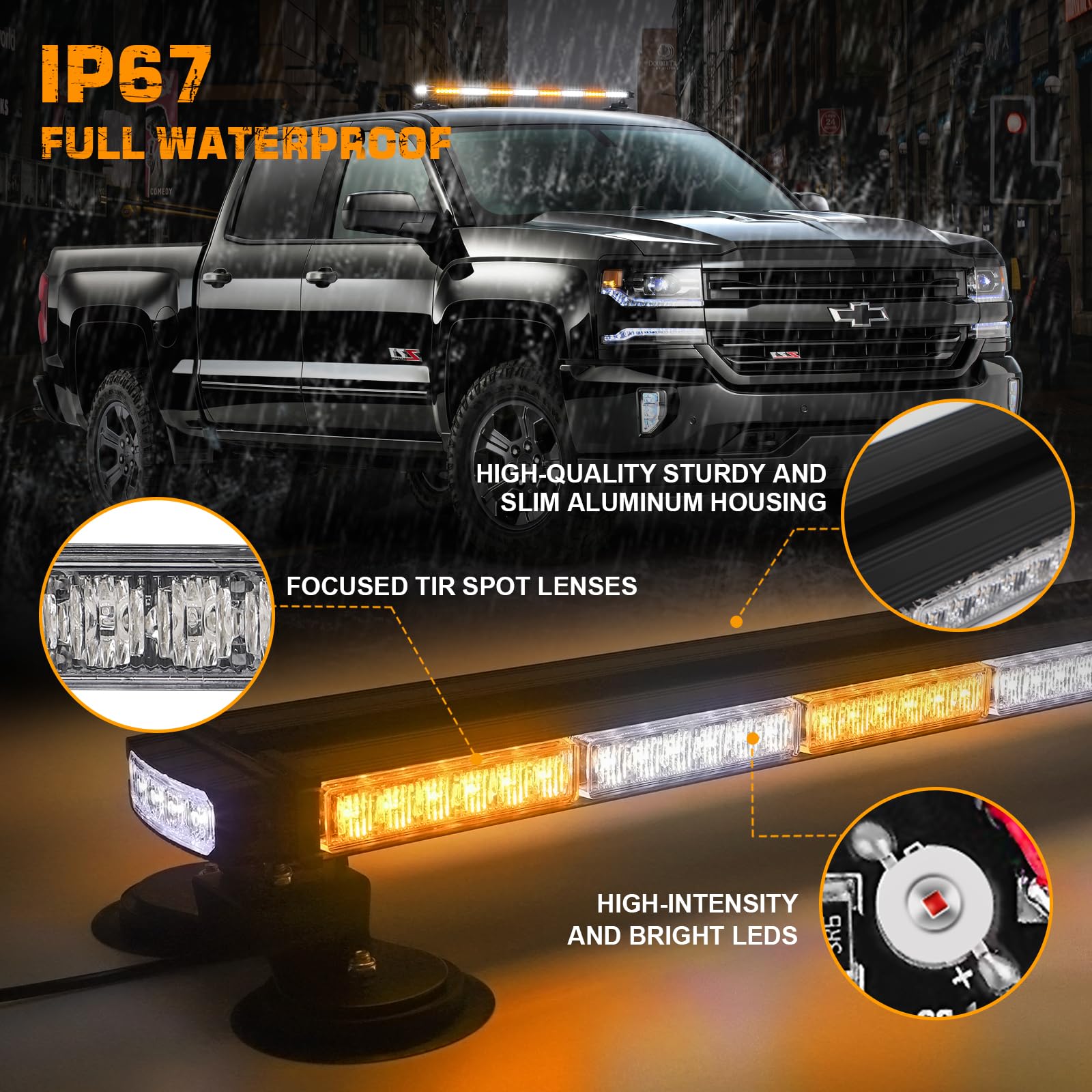 XRIDONSEN 37" LED Strobe Light Bar - Amber/White Emergency Warning Light for Vehicles - Model XR-708 with Magnetic Mount