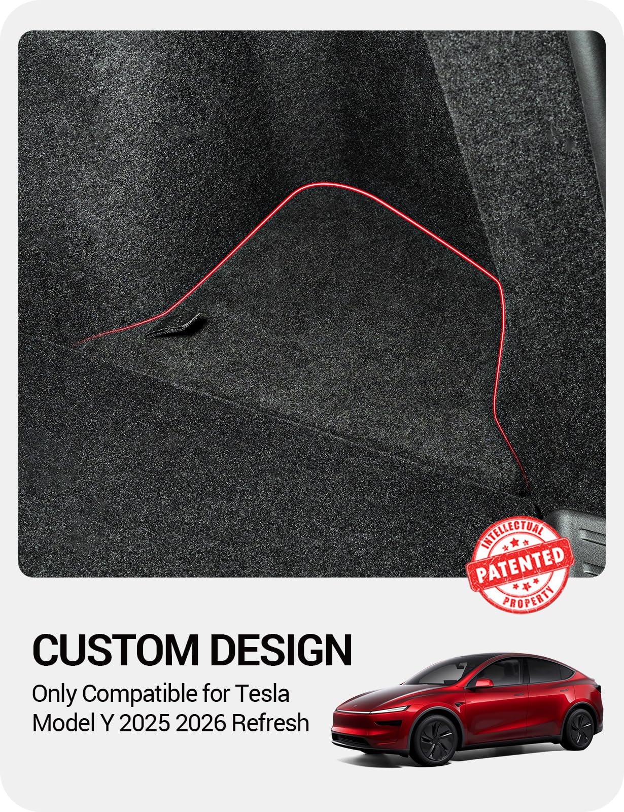 BASENOR Trunk Organizer for 2025 2026 Tesla Model Y, Black, Carpeted Lid, Juniper Interior, Rear Side Storage Bins