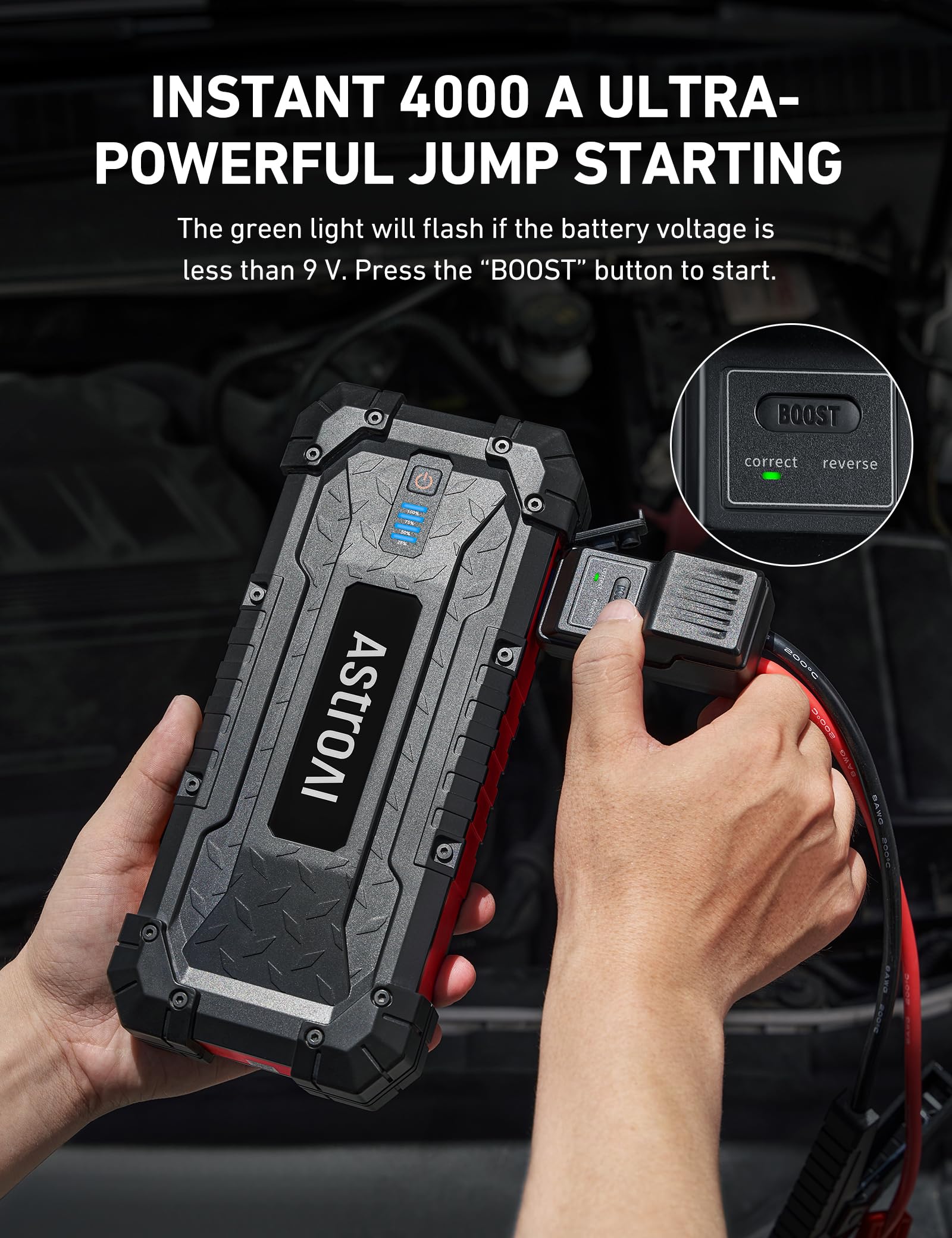 AstroAI S8 Ultra 4000A Peak Jump Starter - 24000mAh Portable Battery Pack, Rugged Design, Red, for All Gas/12L Diesel Engines