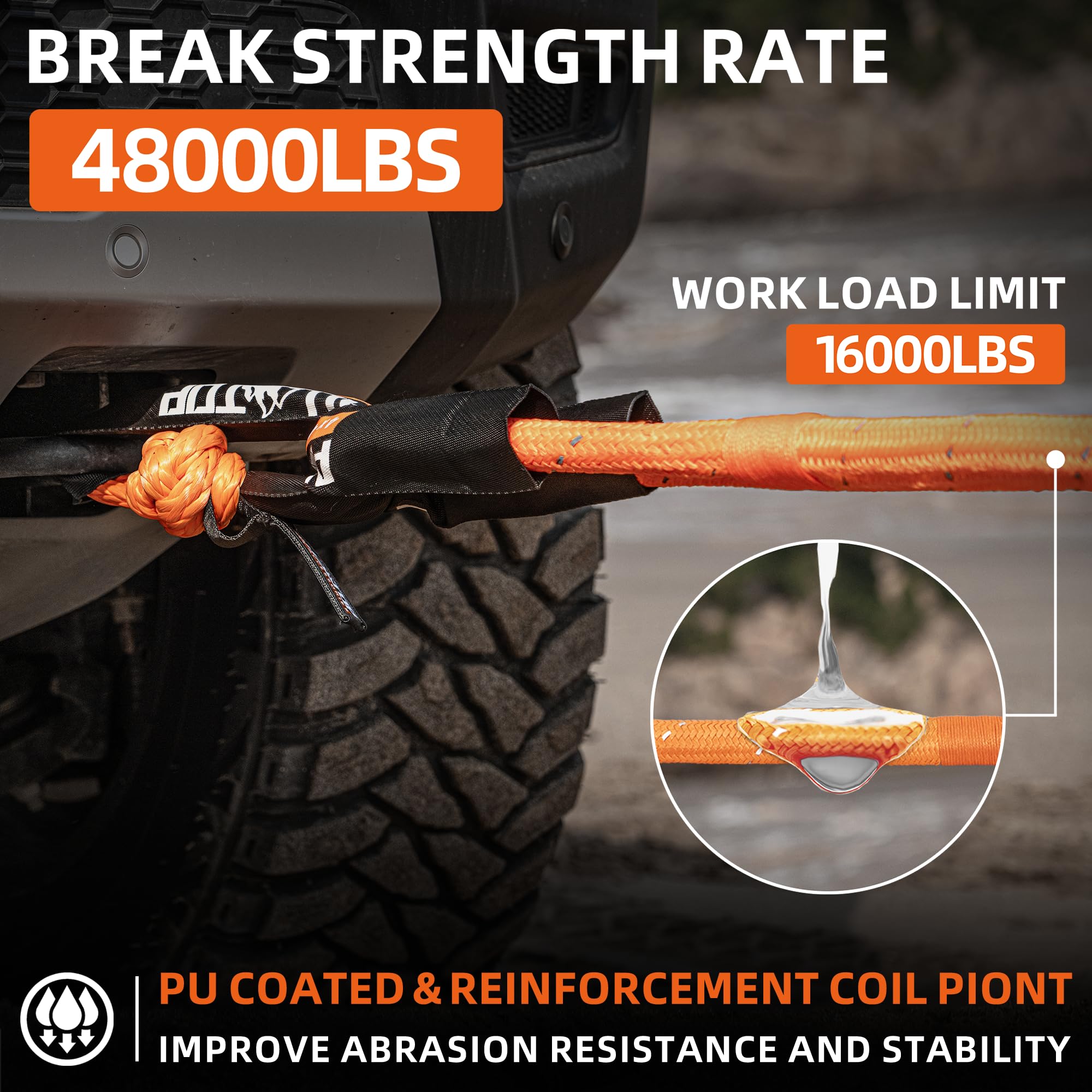 All-Top Kinetic Recovery Rope (Reflective) 48000Lbs, 1In X 30Ft, Heavy Duty 30+% Elasticity, 16000Lbs Work Load Limit For 4X4 Of