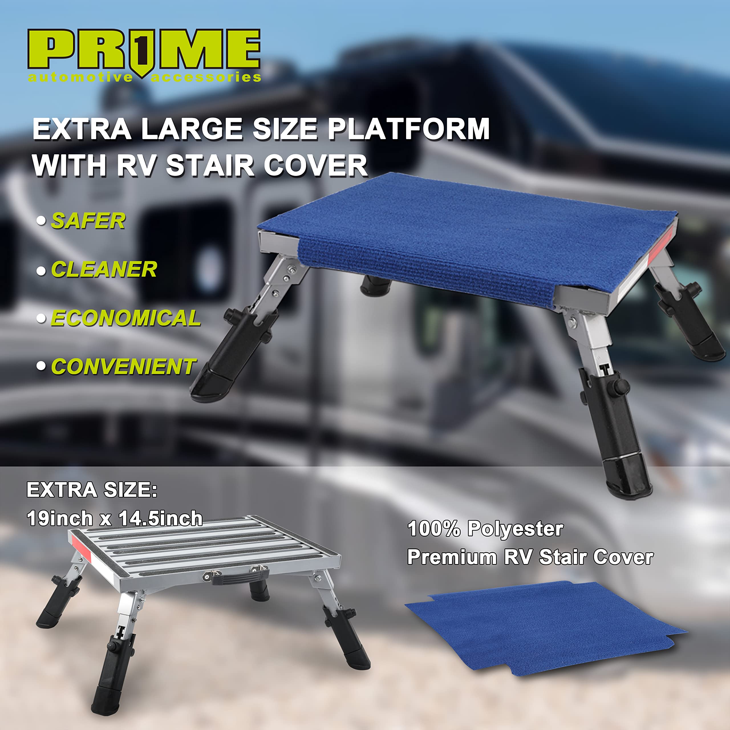 PR1ME RV Step Stool - Extra Large 19" x 14.5", Non-Slip Aluminum with Polyester Rug, Supports Up to 600lbs, Ideal for Campers and RVs