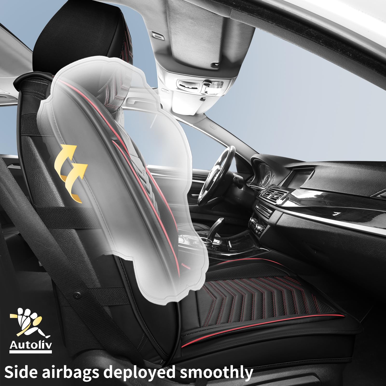 HChengkikz Car Seat Covers, Waterproof Faux Leather, 5 PCS Full Set, Black + Red, Universal Anti-Slip for Cars, SUVs, Trucks