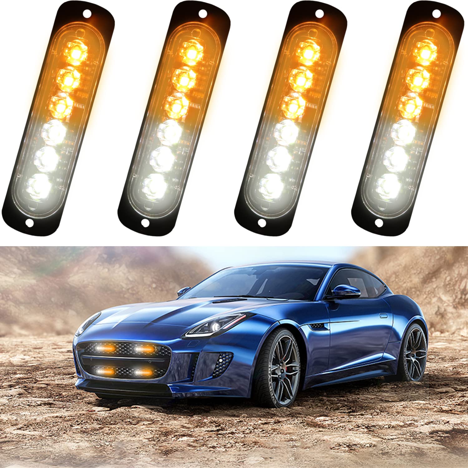 XTAUTO 6LED Car Truck Emergency Beacon Warning Hazard Flash Strobe Light Amber/White 4-pack