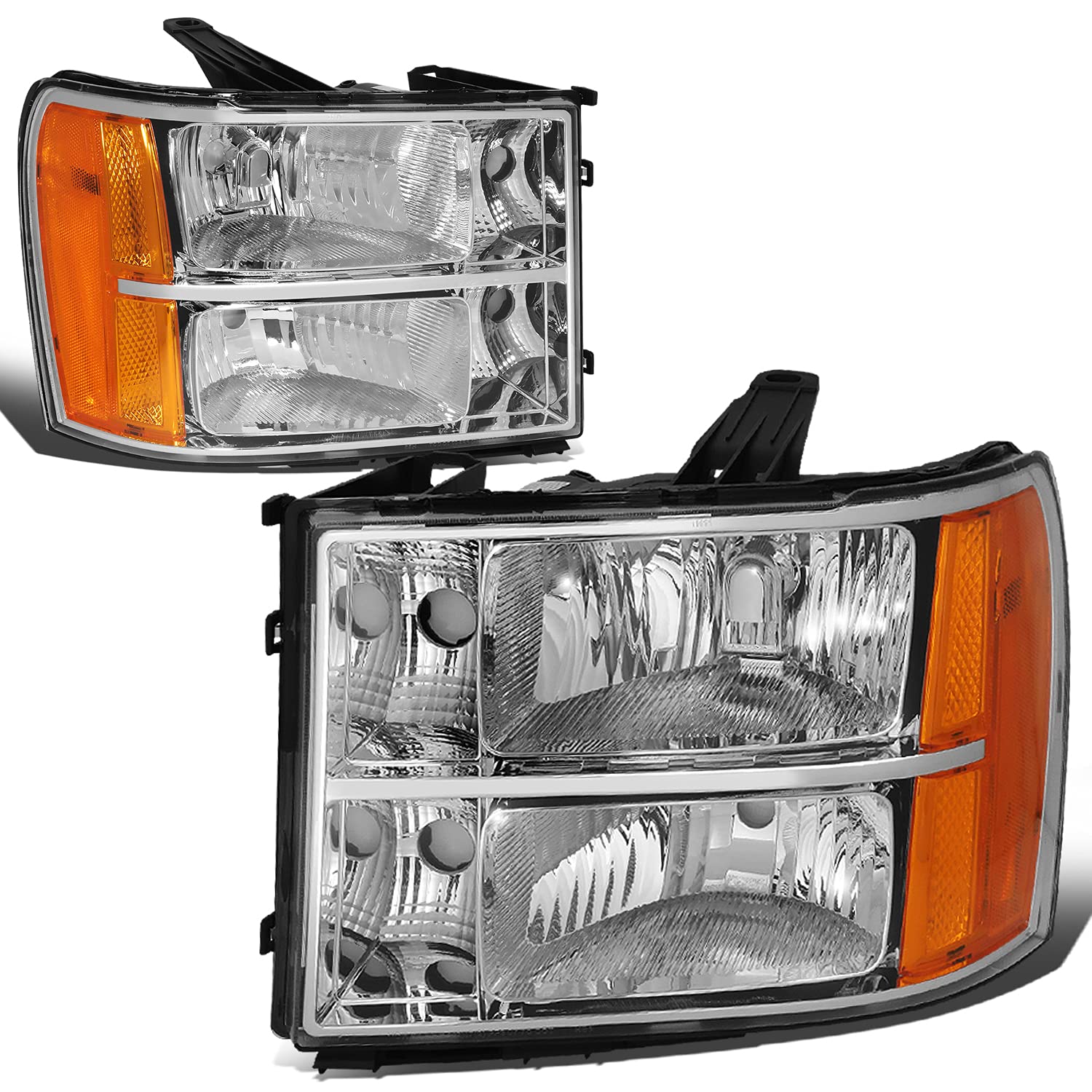 Dna Motoring Pair Headlight Assembly Compatible With 07-13 Gmc Sierra 1500/07-14 Sierra 2500 Hd 3500 Hd, Chrome/Amber, Hl-Oh-Gmc