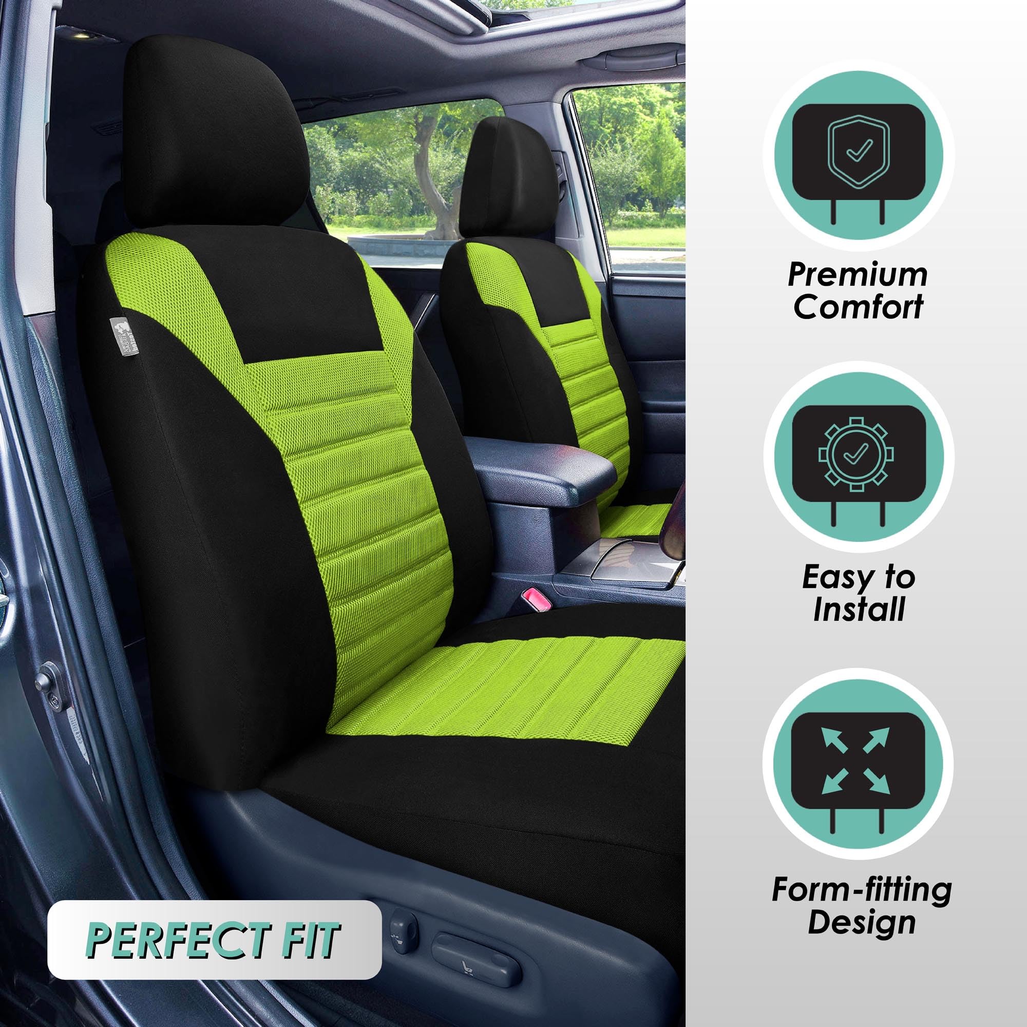 Fh Group Car Seat Covers Premium 3D Air Mesh Front Pair Set Airbag Compatible Green And Black Automotive Seat Covers Universal F