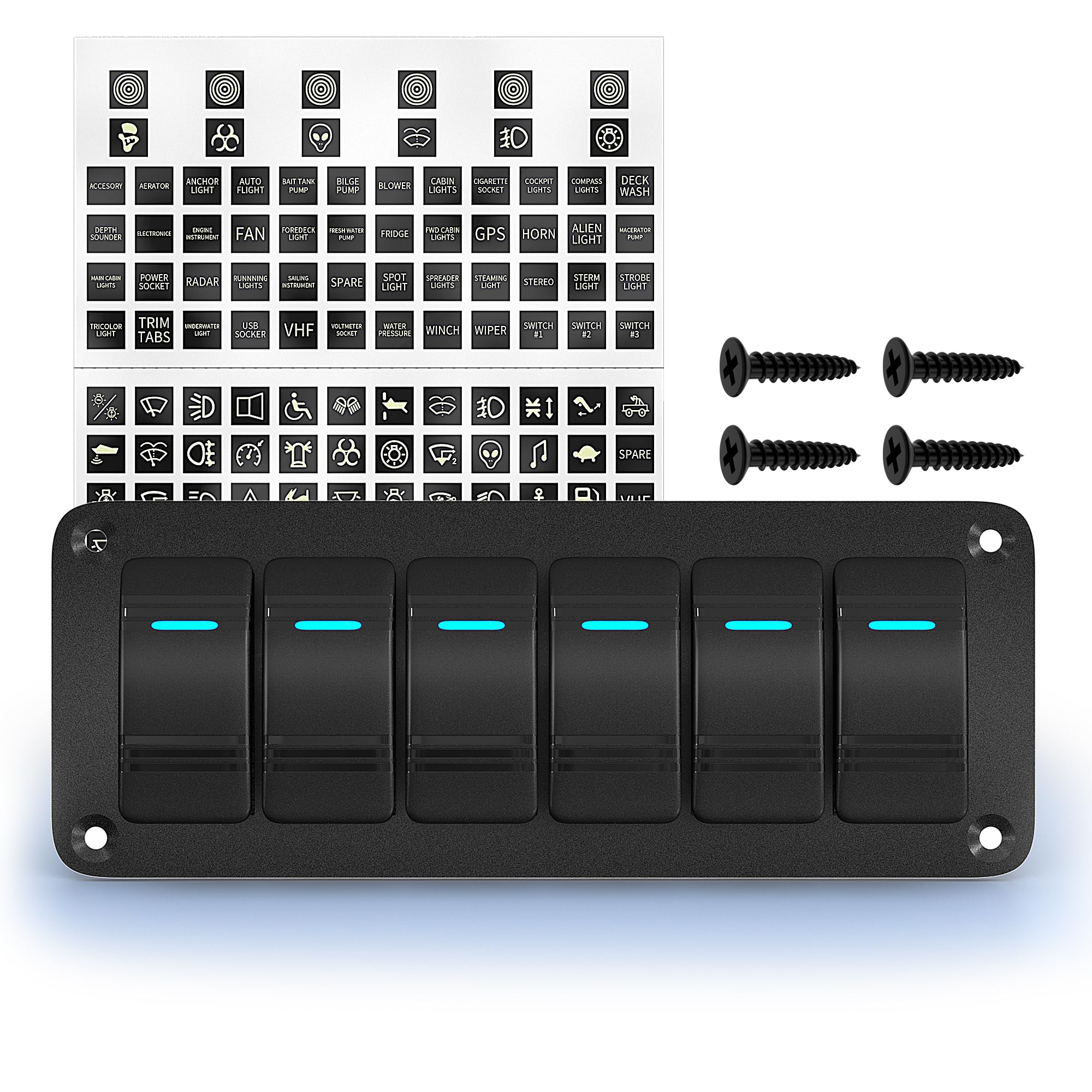 Joinfworld 6 Gang Rocker Switch Panel 12V Marine Boat Switch Panel Waterproof 12 Volt Blue Led Light Toggle Switch Panel On Off 