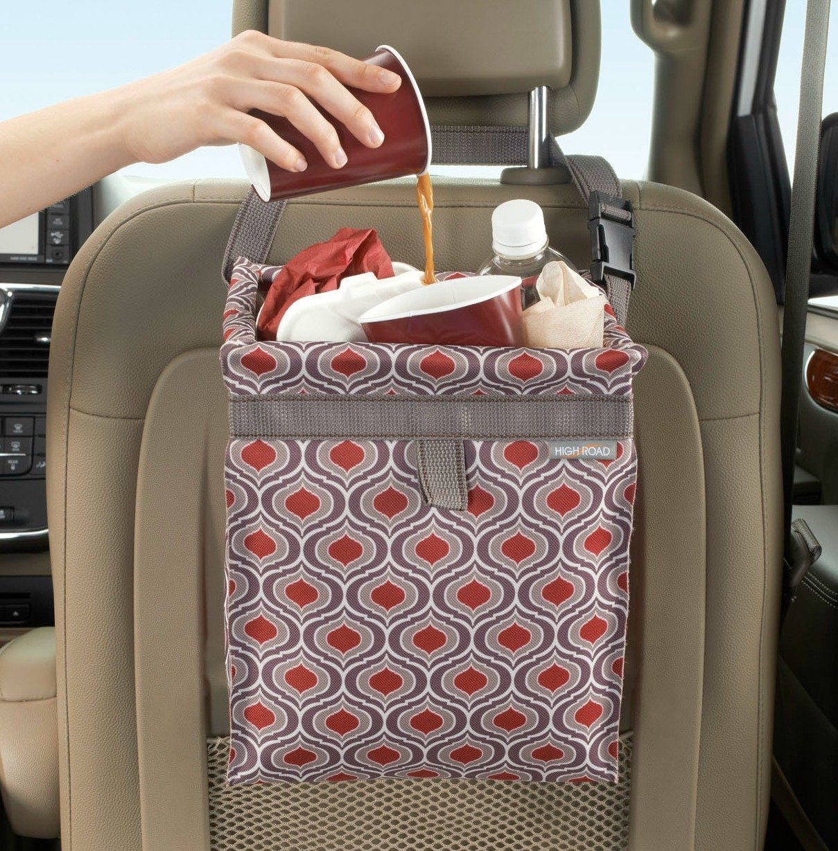 High Road TrashStash 3 Gallon Hanging Car Trash Can - Waterproof Polyester, Push-Close Cover, Sahara Color
