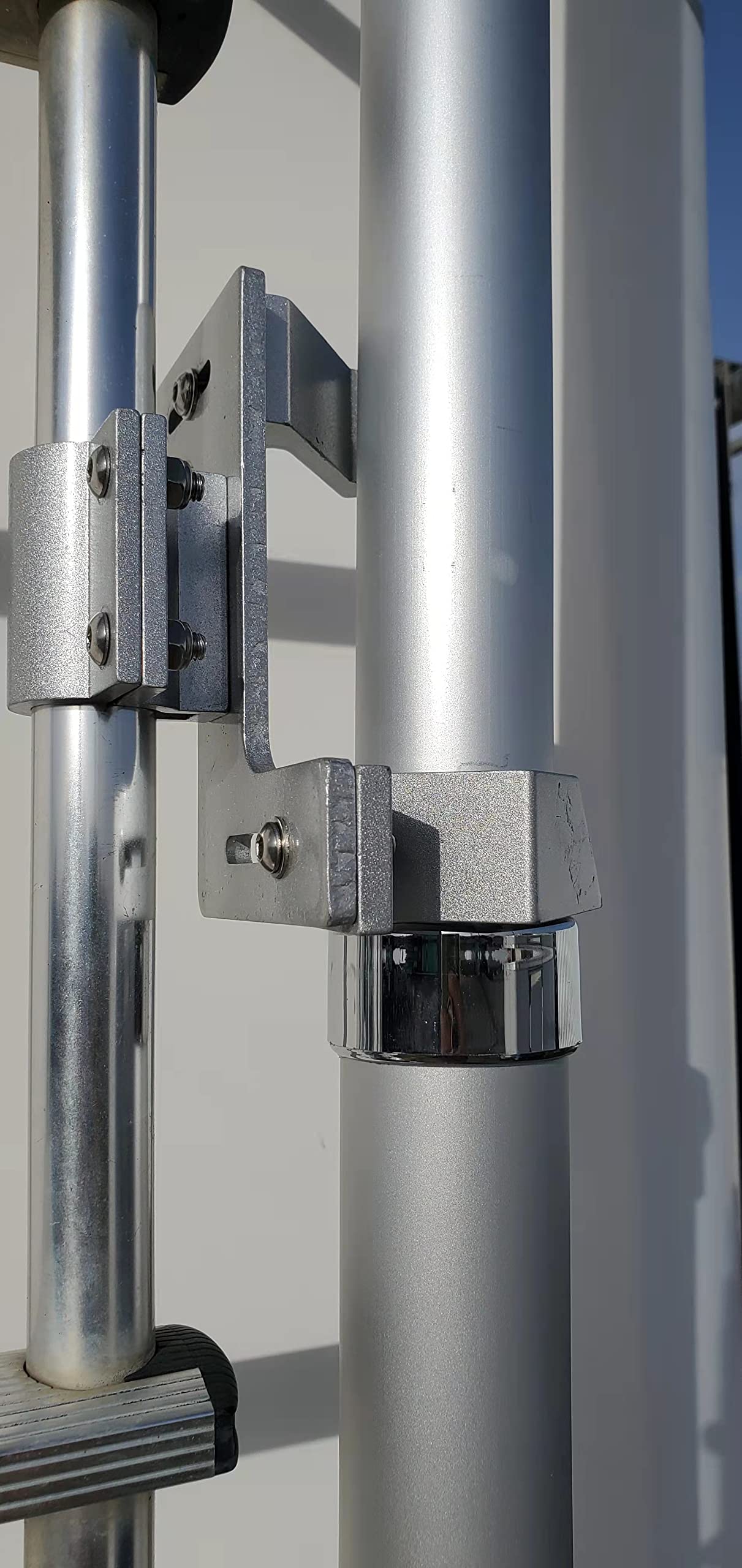 EEZ RV Products Aluminum Flag & Wind Sock Pole Mount for RV Ladders - Adjustable for 2.5" Diameter Poles, Fits 1" Ladder Rails, Compact Design