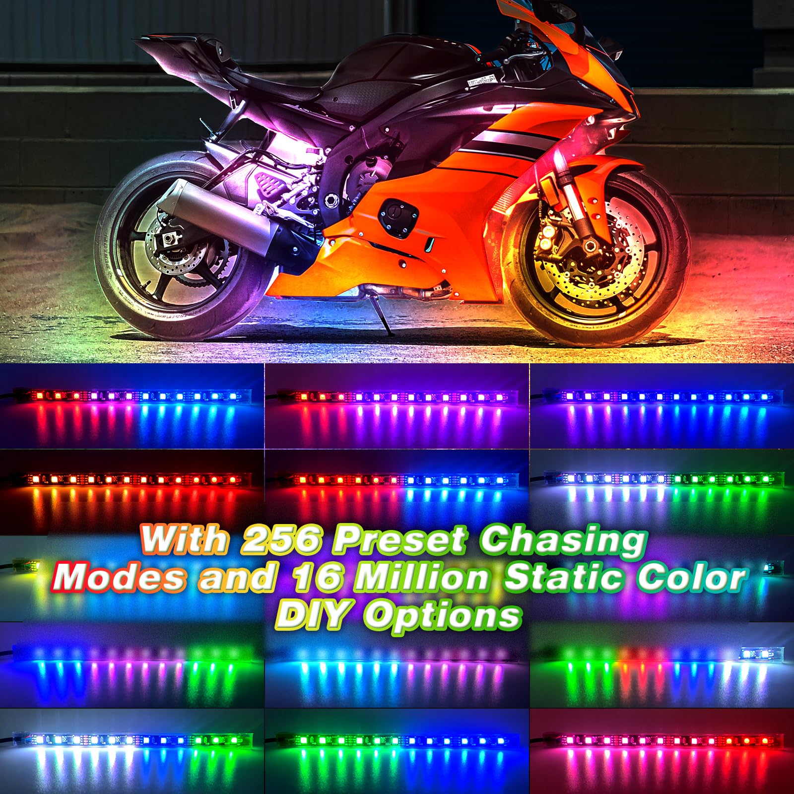ZONECON 16PCS Motorcycle RGB LED Lights Kit - Dream Color Chasing, Waterproof, APP/RF Remote, Brake Turn Signal for Harley Honda
