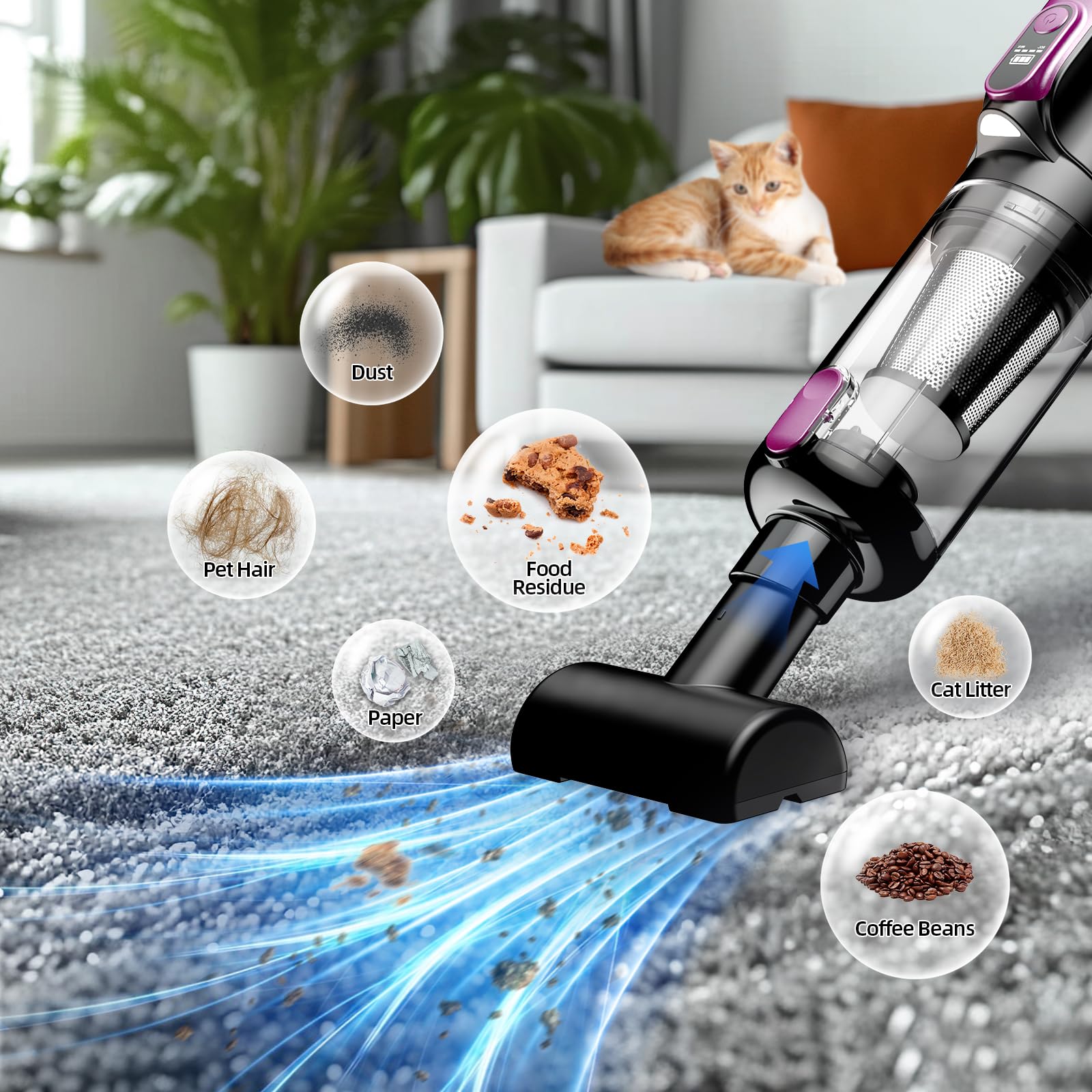 MONOZEL Cordless Handheld Vacuum Cleaner VC026, 18000Pa, 130W, Purple, 2 in 1 Car Vacuum & Air Duster, LED Light, Multi-No