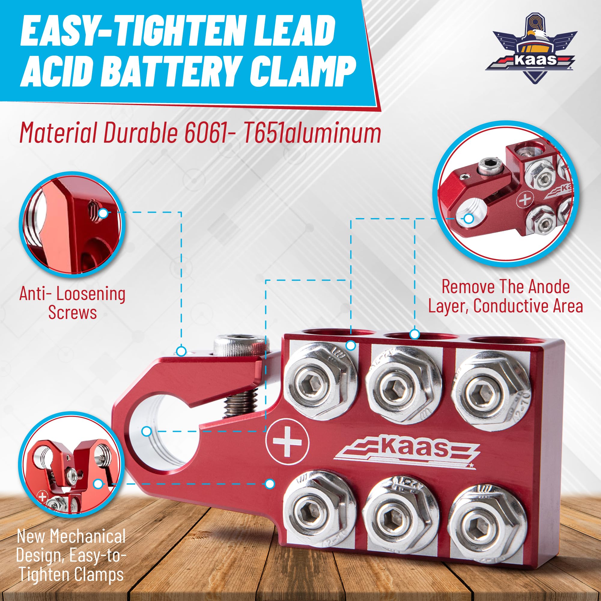 Kaas Battery Terminal Connectors Set - Positive Red & Negative Blue, 12-Way 8AWG to 4/0 AWG, Aluminum Alloy, Model BTC001