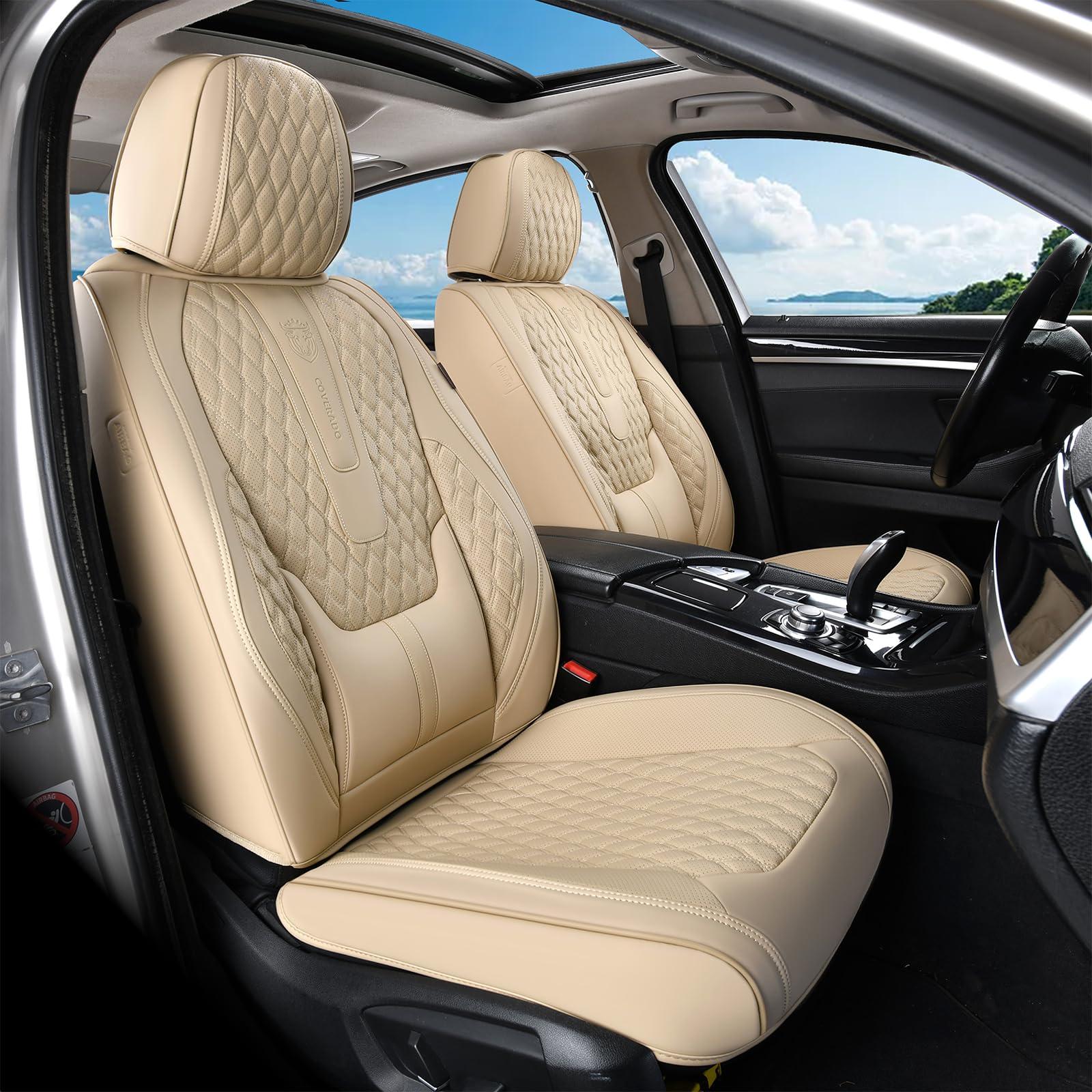 Coverado Car Seat Covers Full Set, Nappa Leather Seat Covers for Car, Waterproof Car Seat Protector with Lumbar Support, Automot