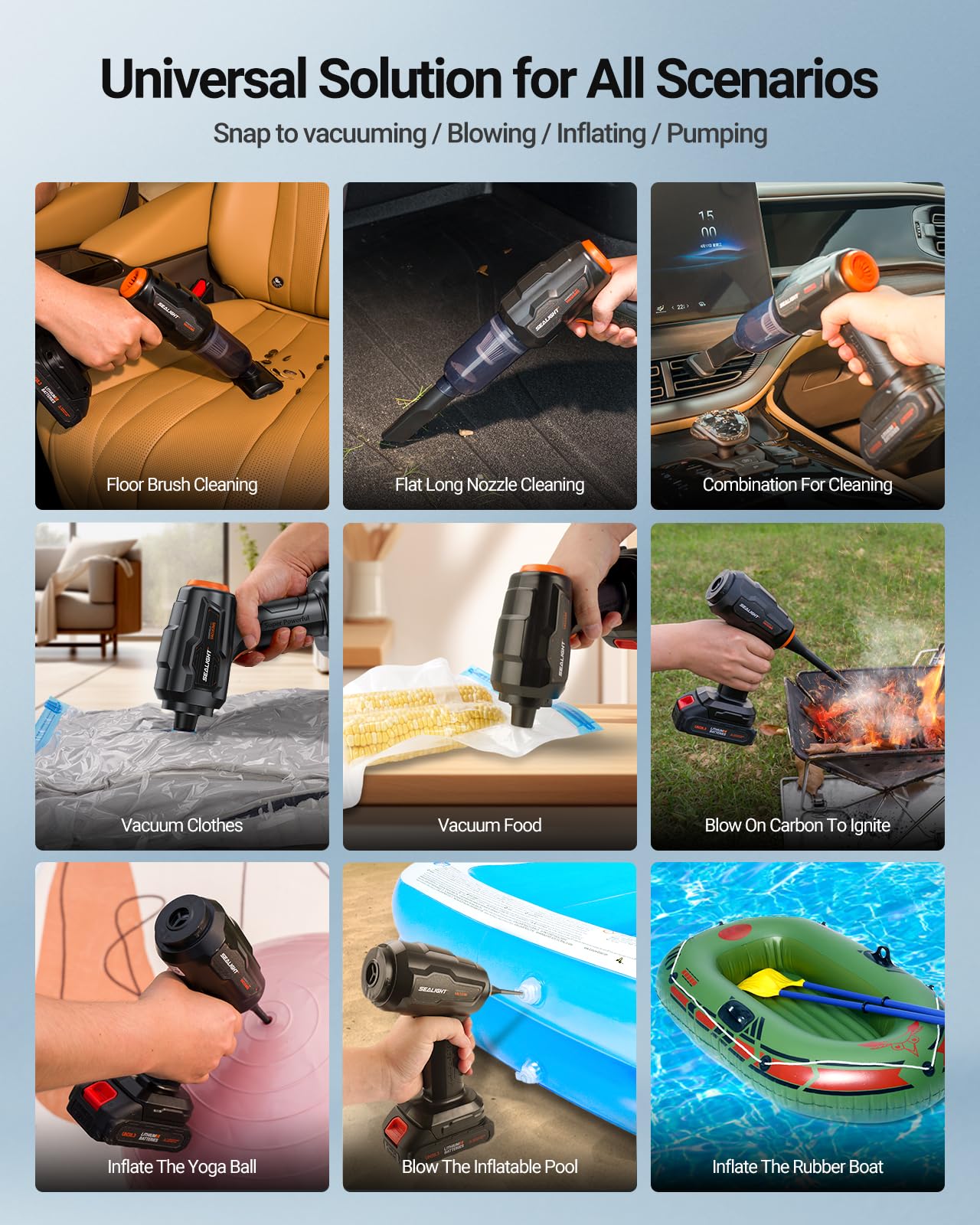 SEALIGHT Handheld Car Vacuum Cleaner - 21000Pa Suction, Wireless, 18V/120W, Black, Model X1PM