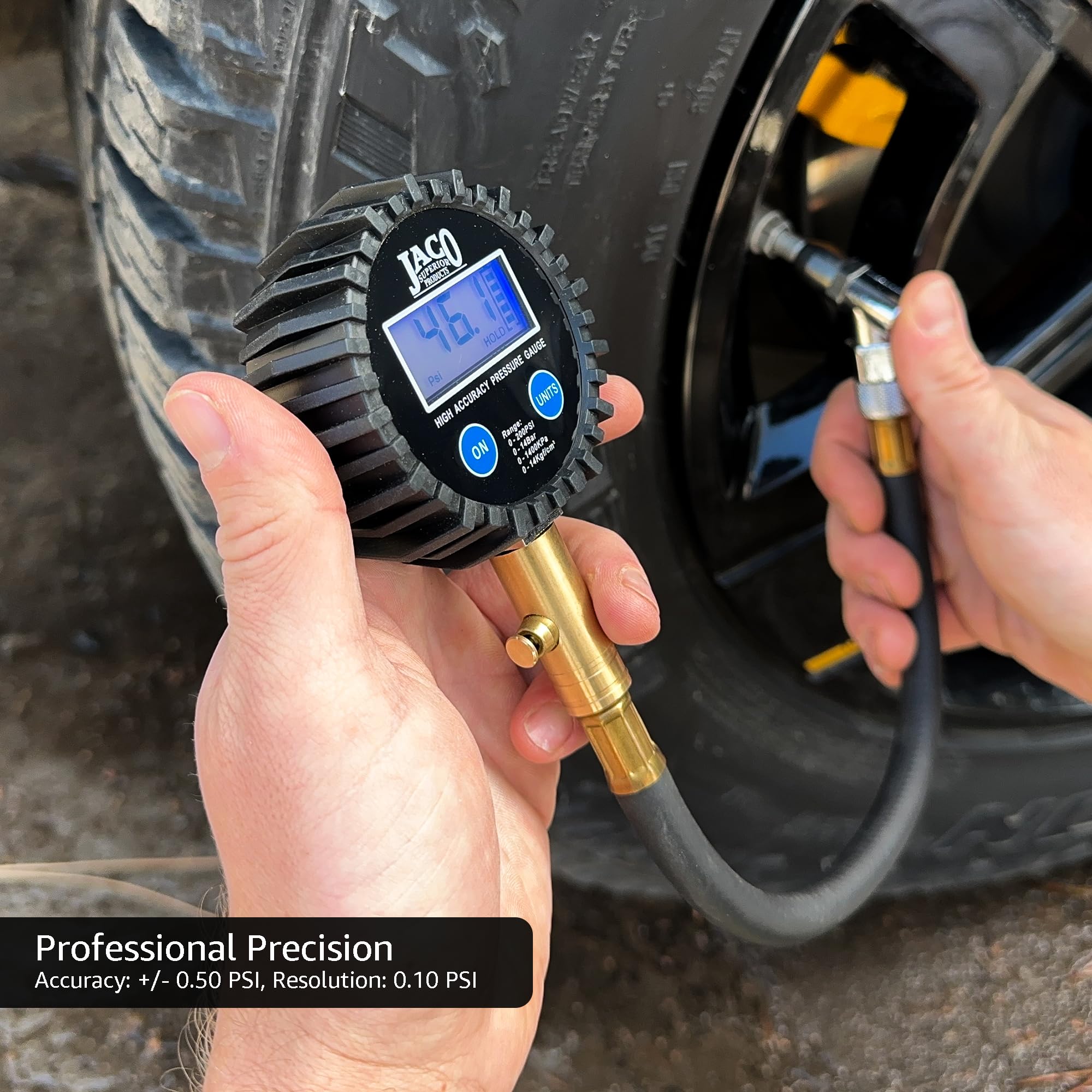 JACO ElitePro Digital Tire Pressure Gauge - 100 PSI, Professional Accuracy, Steel & Brass Construction
