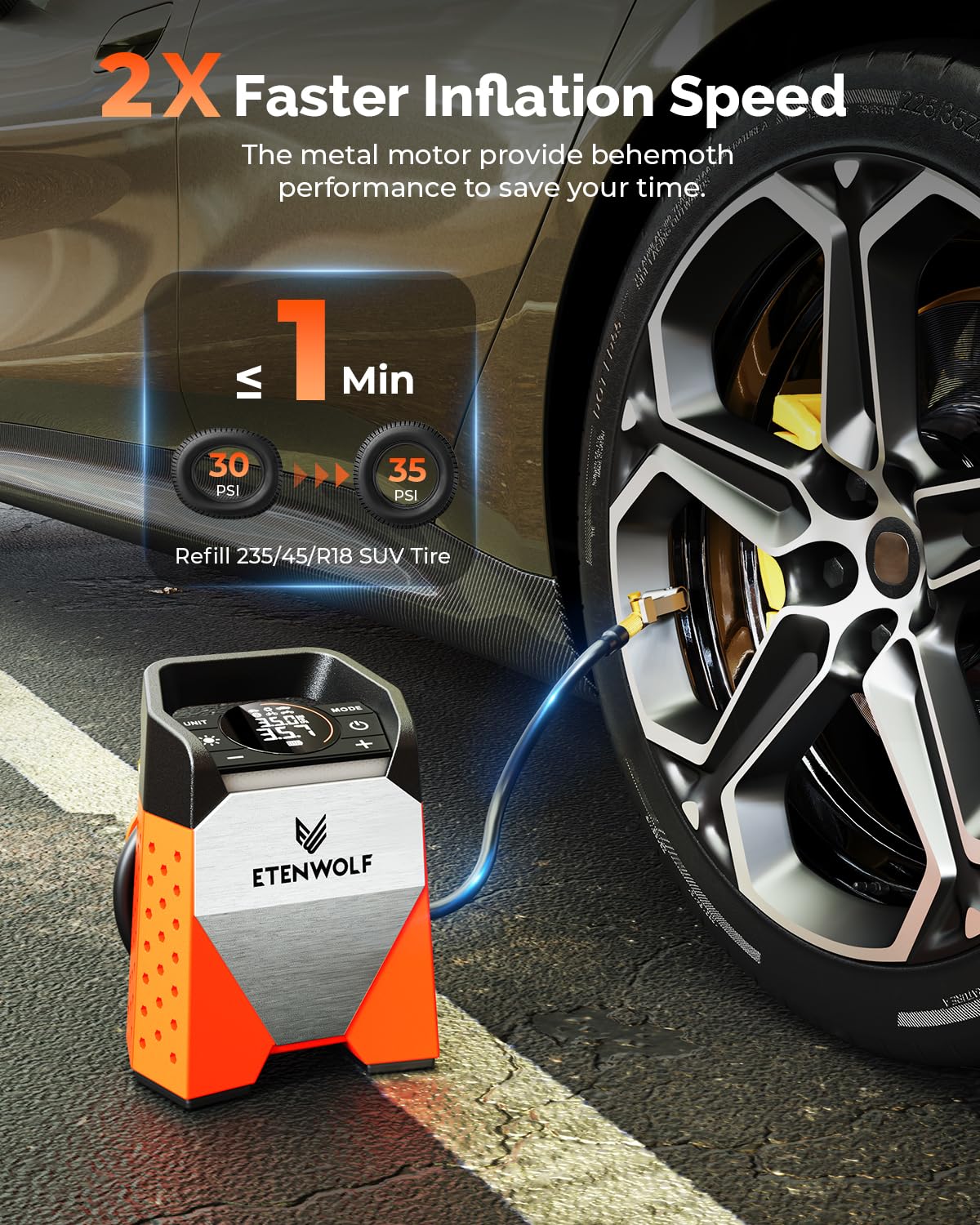 ETENWOLF ZEPHYR S3 Tire Inflator, 160 PSI Air Pump for Cars & Bikes, Fast Inflation, Portable, Vivid Orange
