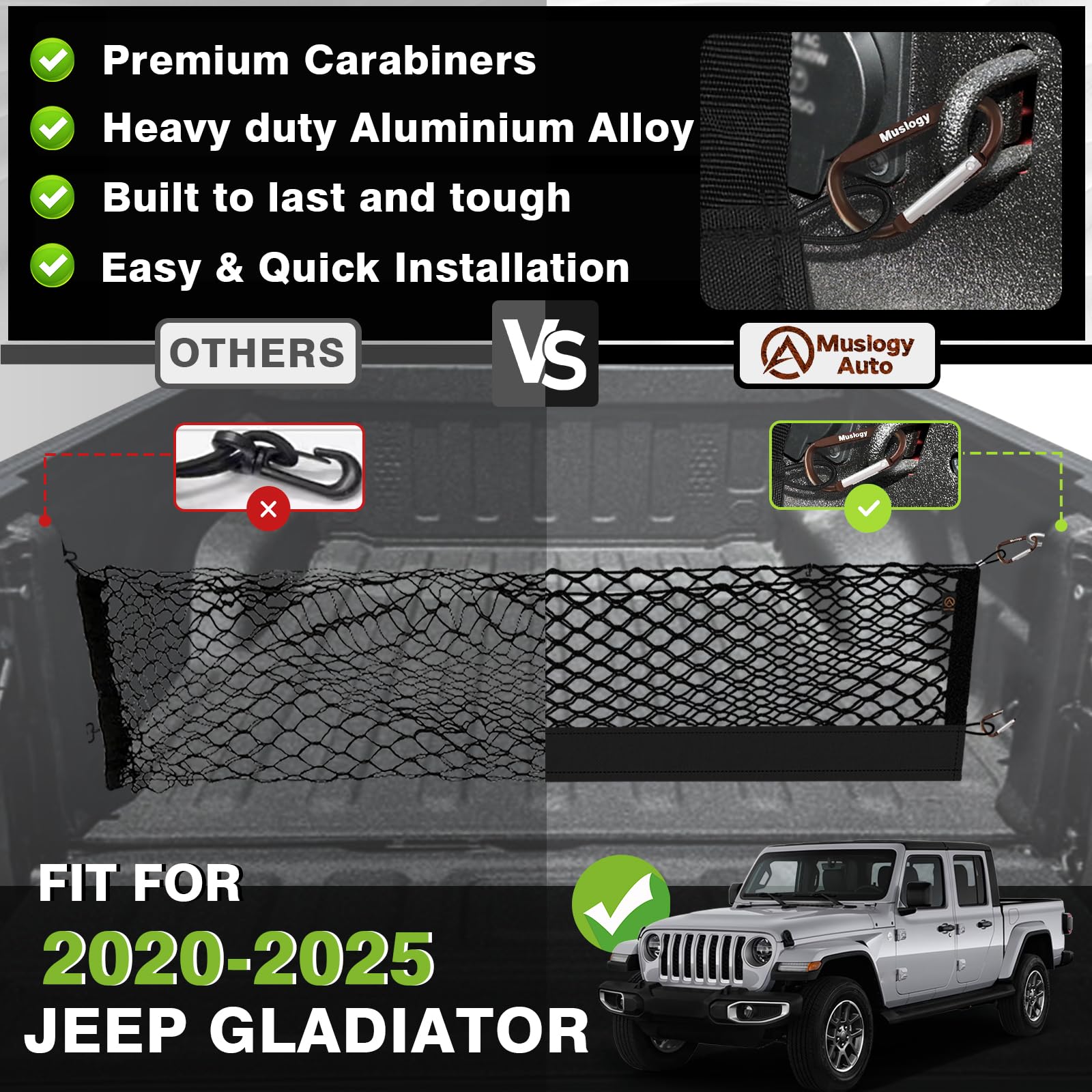 Muslogy Truck Bed Cargo Net for Jeep Gladiator 2020-2025, Black, Heavy Duty Carabiners, Envelope Style, Model MUS-CARGO NET-13
