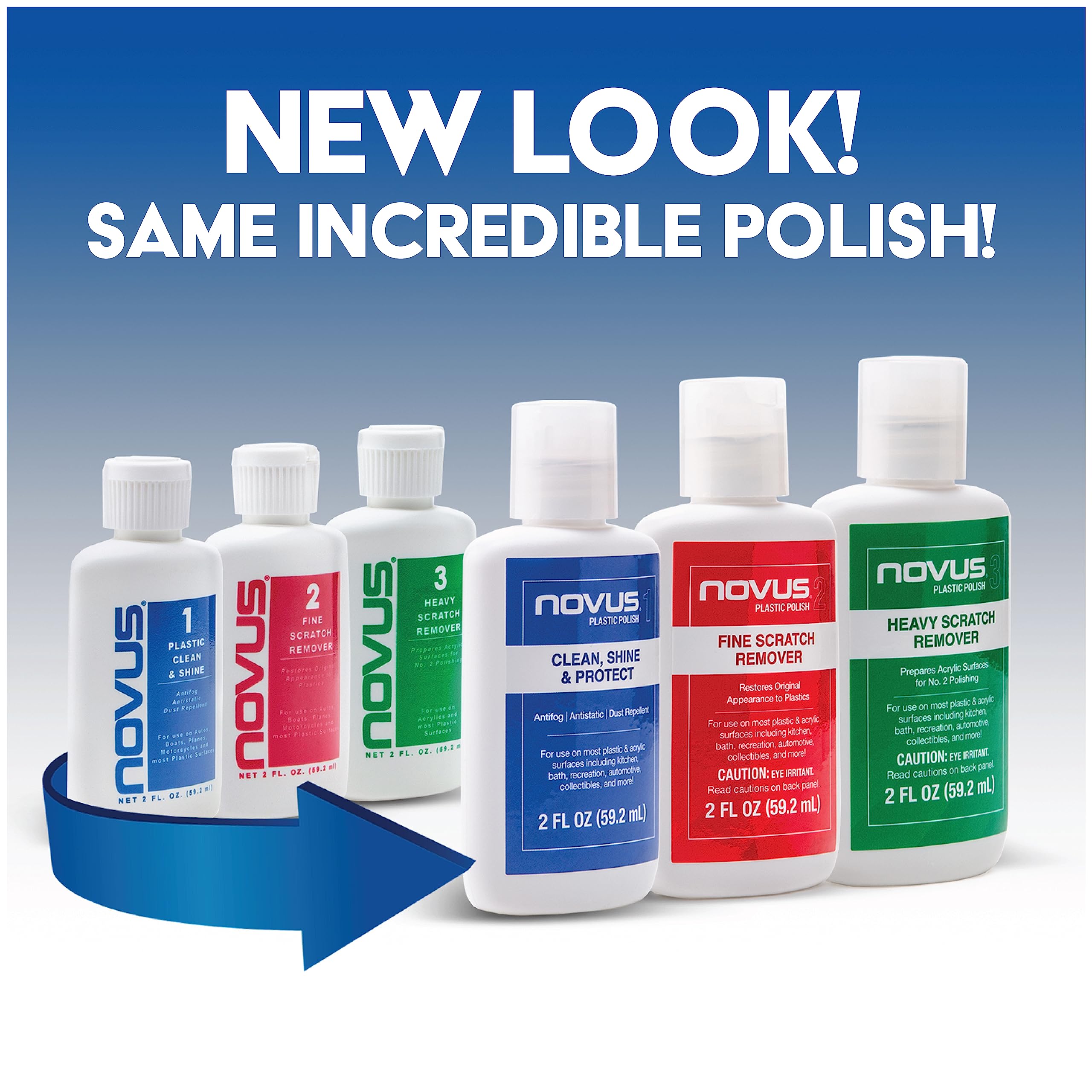 NOVUS-PK1-2 | Plastic Clean & Shine #1, Fine Scratch Remover #2, Heavy Scratch Remover #3 and Polish Mates Pack | 2 Ounce Bottle