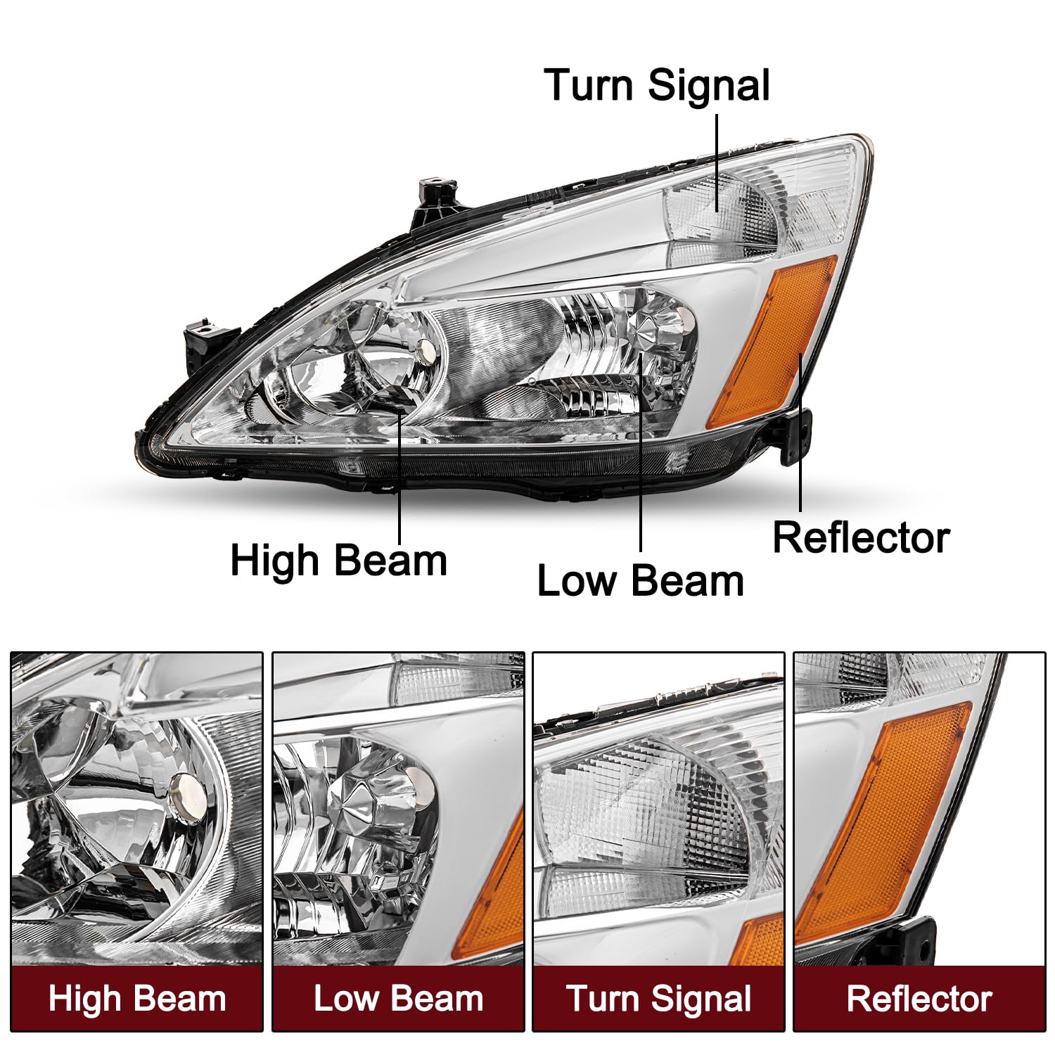 Jsboyat Headlight Assembly Compatible With 2003-2007 Honda Accord Chrome Housing With Amber Reflector Passenger And Driver Side
