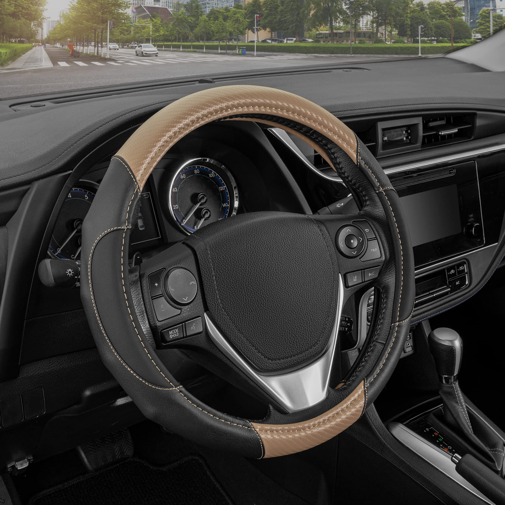 Motor Trend Gripdrive Carbon Fiber Steering Wheel Cover, Non-Slip Sporty Racing Faux Leather Ergonomic Comfortable Handle, Steer